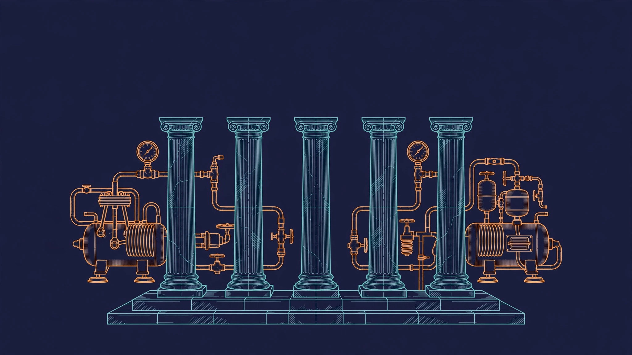 Five stone pillars with industrial factory and gear wheel, teal line art on dark navy