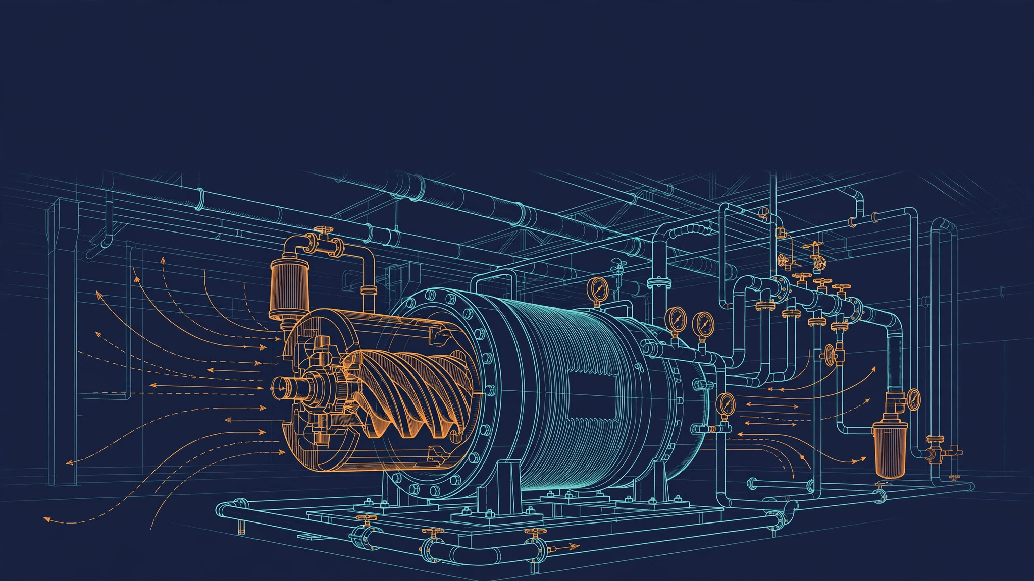 Industrial rotary screw air compressor in a modern factory hall, teal and orange line art on dark navy