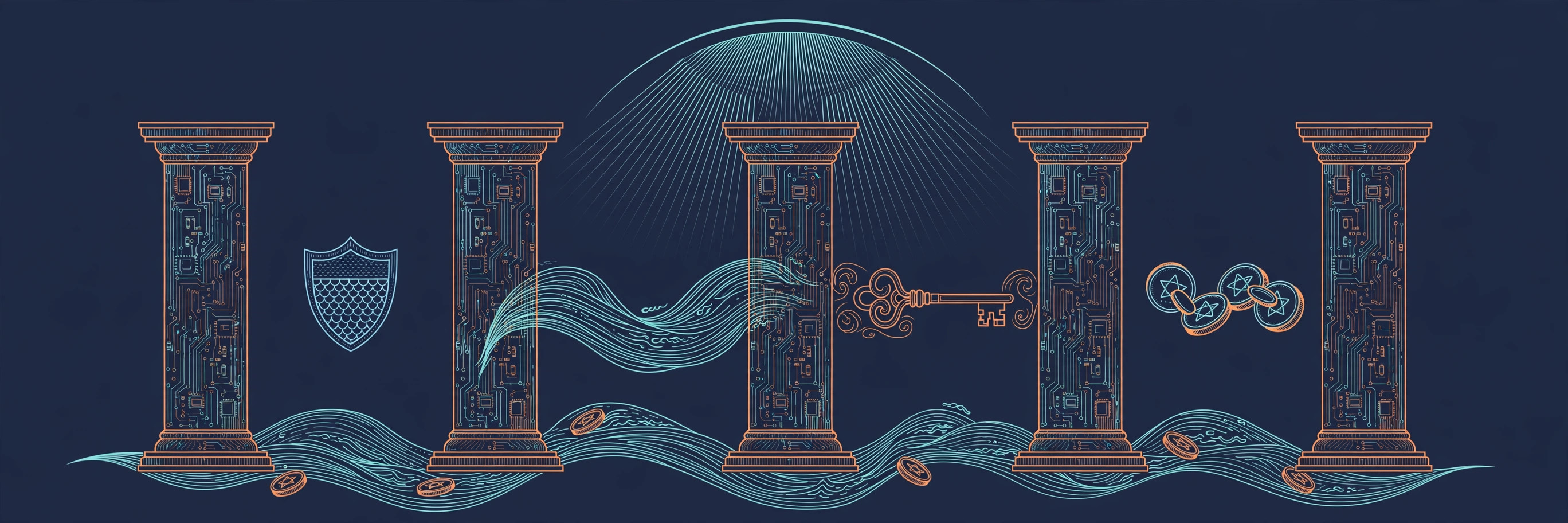 Five circuit-etched pillars under a sunrise arc, shield and coin motifs, orange and teal line art on dark navy
