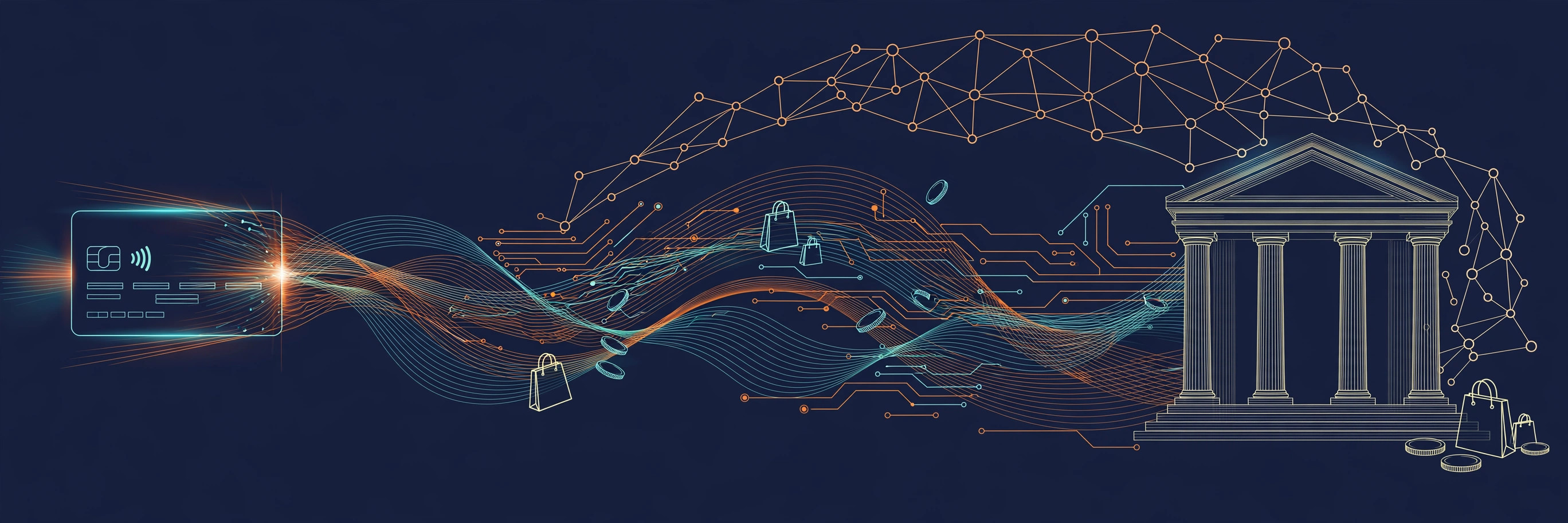 A payment card transforming into a bank building, transaction streams and circuit traces in orange and teal line art on dark navy
