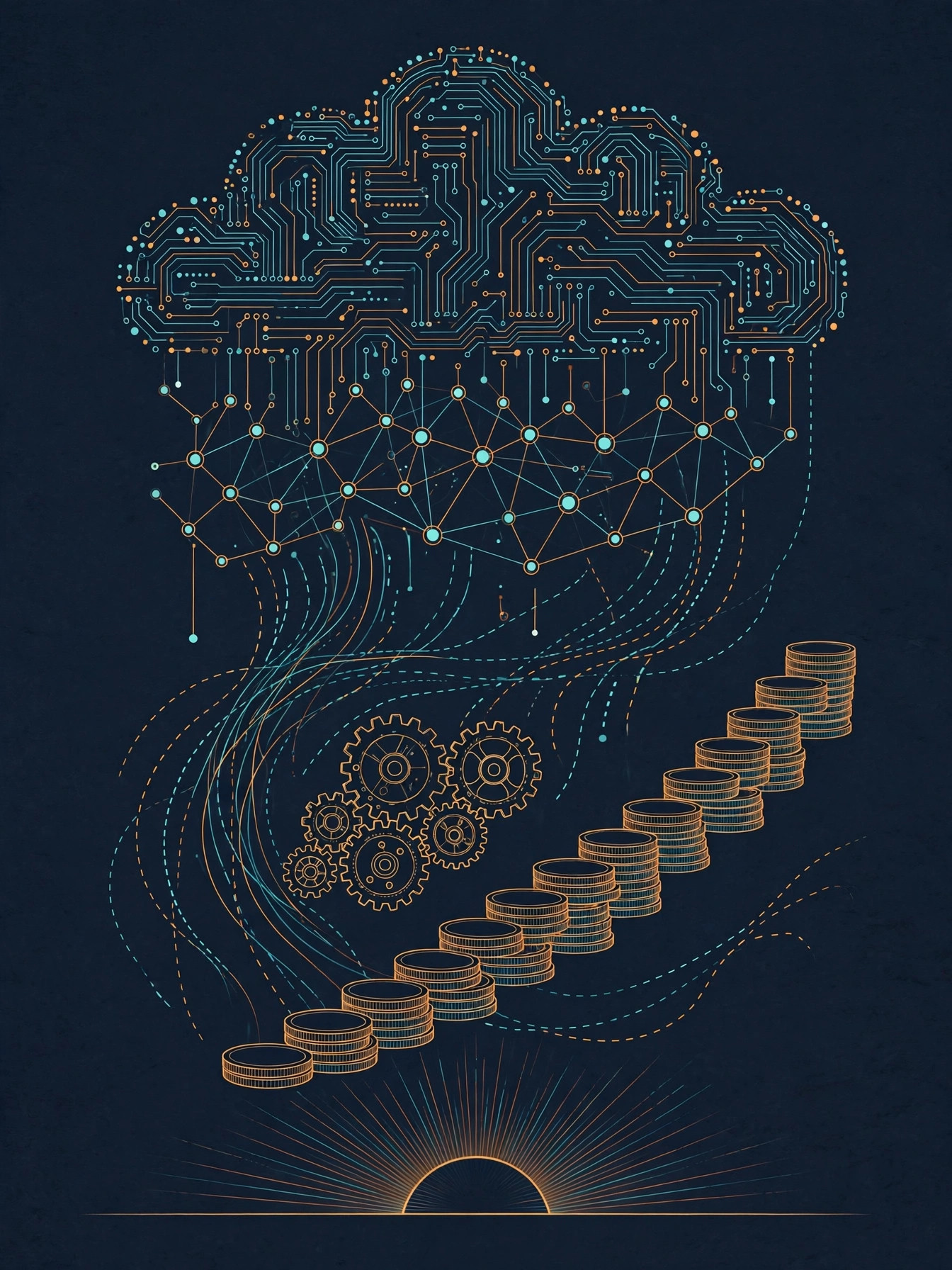 A cloud of circuit traces above a network of connected nodes, interlocking gears and an ascending staircase of coins under a sunrise arc, orange and teal line art on dark navy