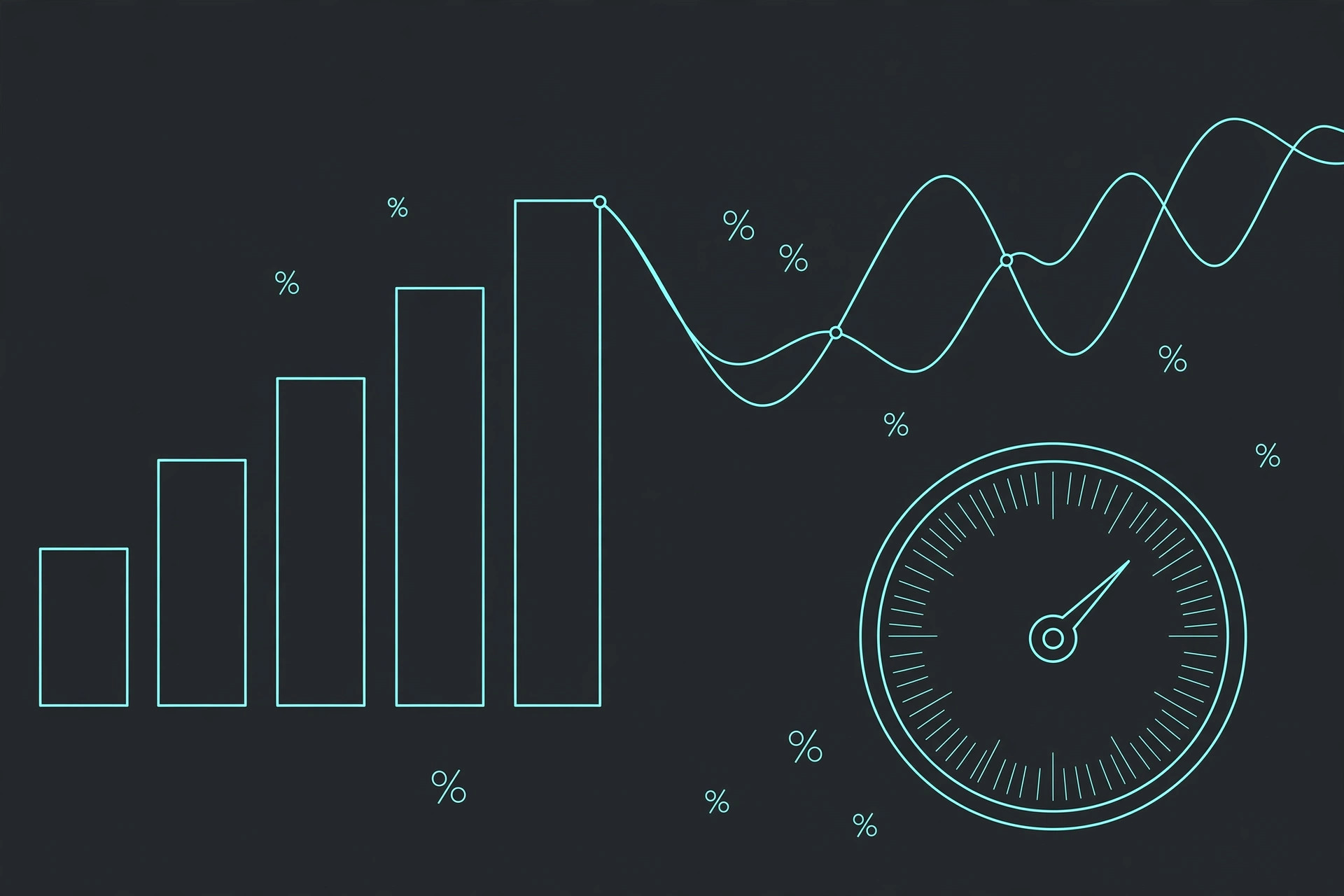 Teal line-art bar charts, trend lines and a valuation gauge dial on dark charcoal