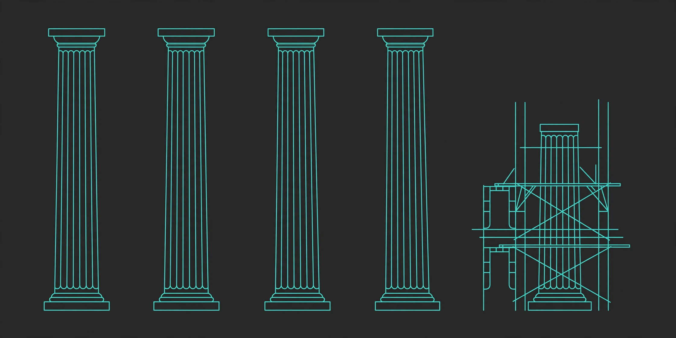 Five teal line-art pillars, four standing strong and one half-built, on dark charcoal, for the Meta Platforms five-pillar analysis