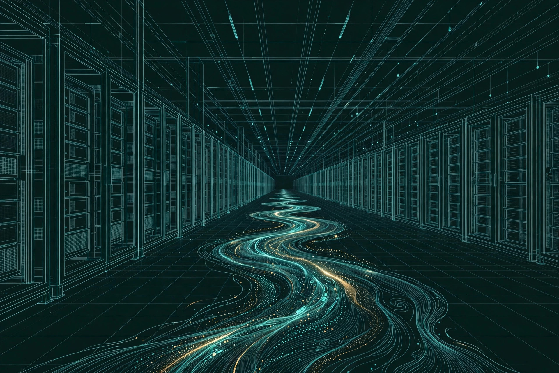 An endless AI data-center hall in fine teal line-art on a dark background, a glowing river of light flowing down the center aisle between server racks