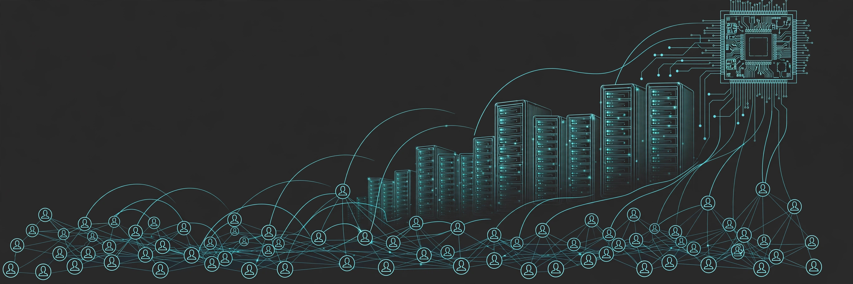 Teal line-art social network of connected users rising into a data-center skyline with a silicon chip, on dark charcoal, for the Meta Platforms investment report