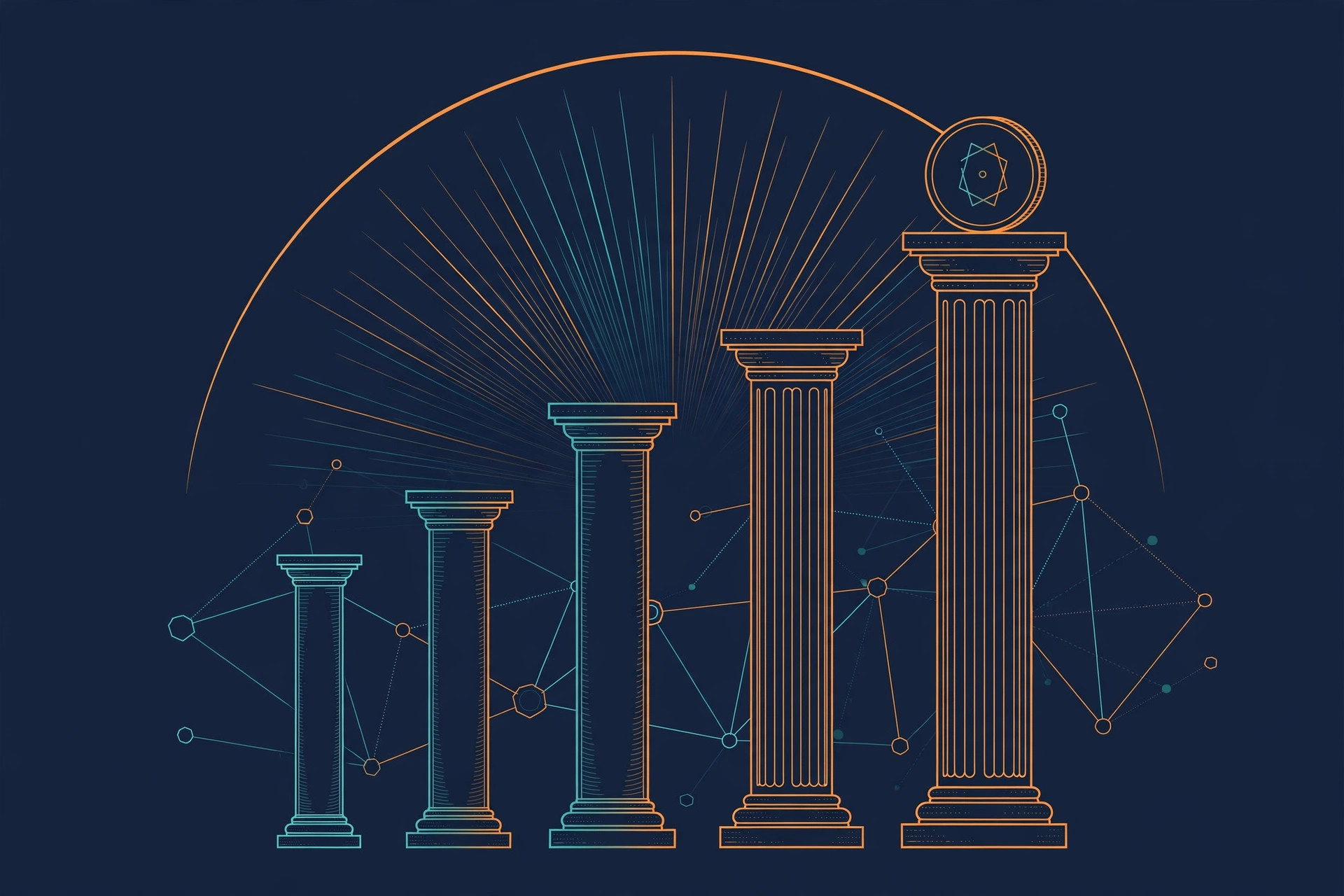 Five stone columns of increasing height under a sunrise arc, orange and teal line art on dark navy