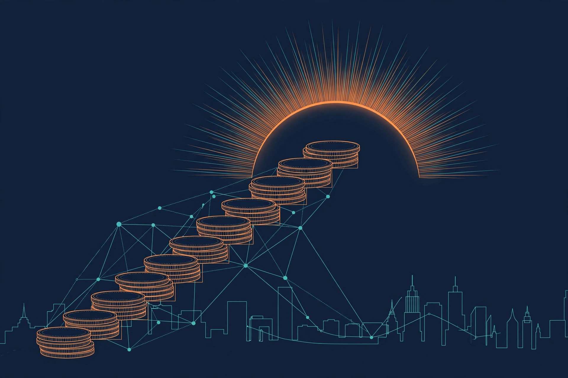 Rising staircase of coins merging into a sunrise over a city skyline, orange and teal line art on dark navy