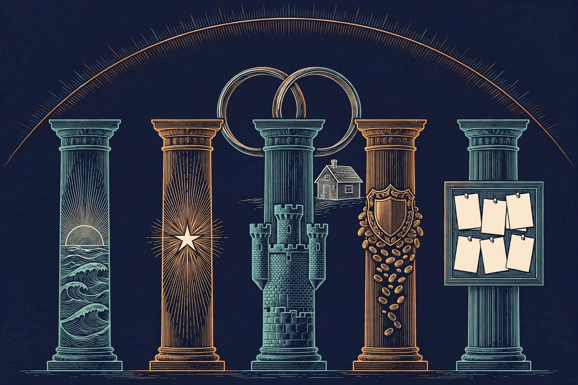 Five tall pillars carved with a sunrise over waves, a guiding star, a castle wall, a shield with flowing coins and a board of blank pinned documents, a small house and interlocking rings behind them under a sunrise arc, orange and teal line art on dark navy