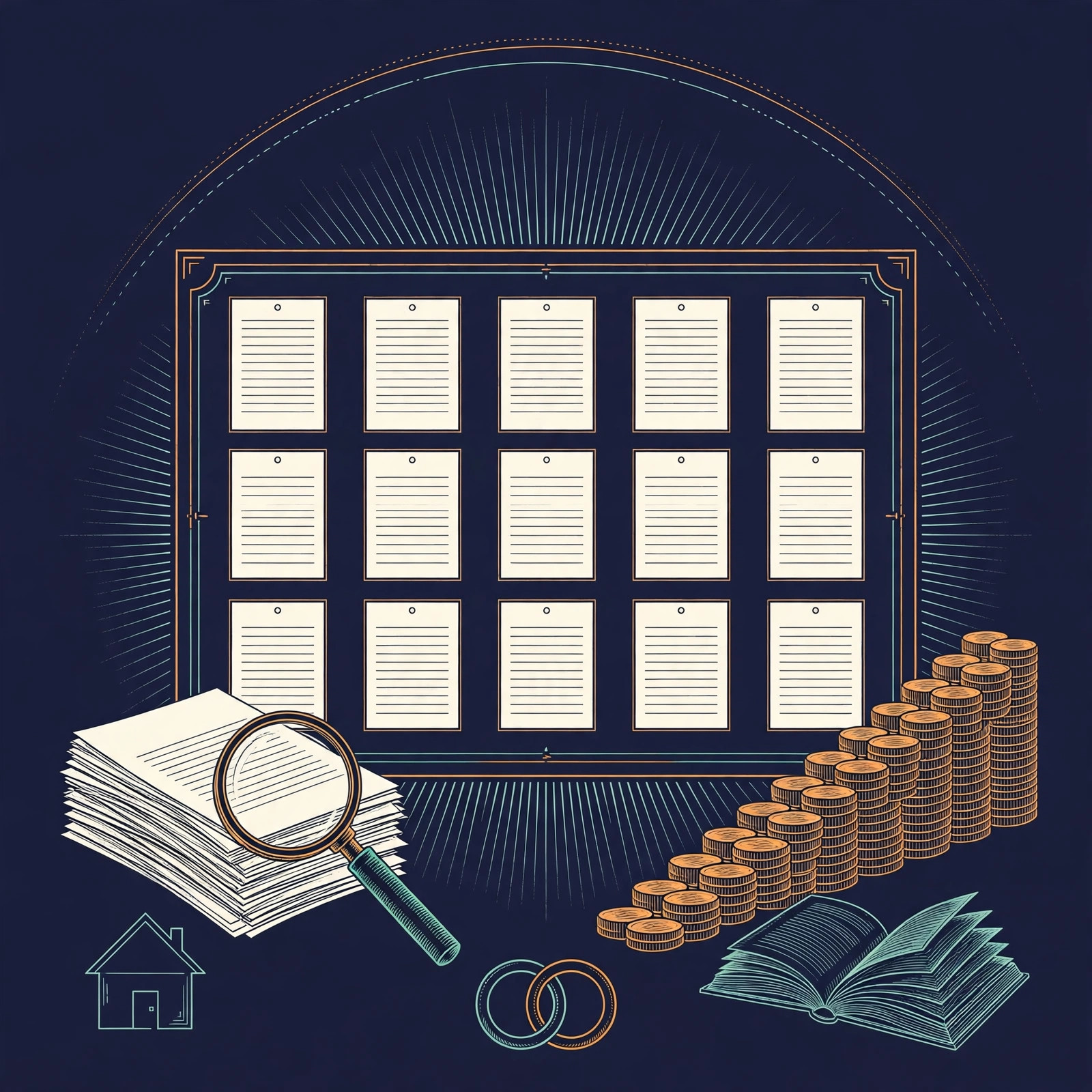 A job-listings board of blank document cards with a magnifying glass over a stack of resumes, a staircase of coin stacks, a small house, interlocking rings and an open book under a sunrise arc, orange and teal line art on dark navy