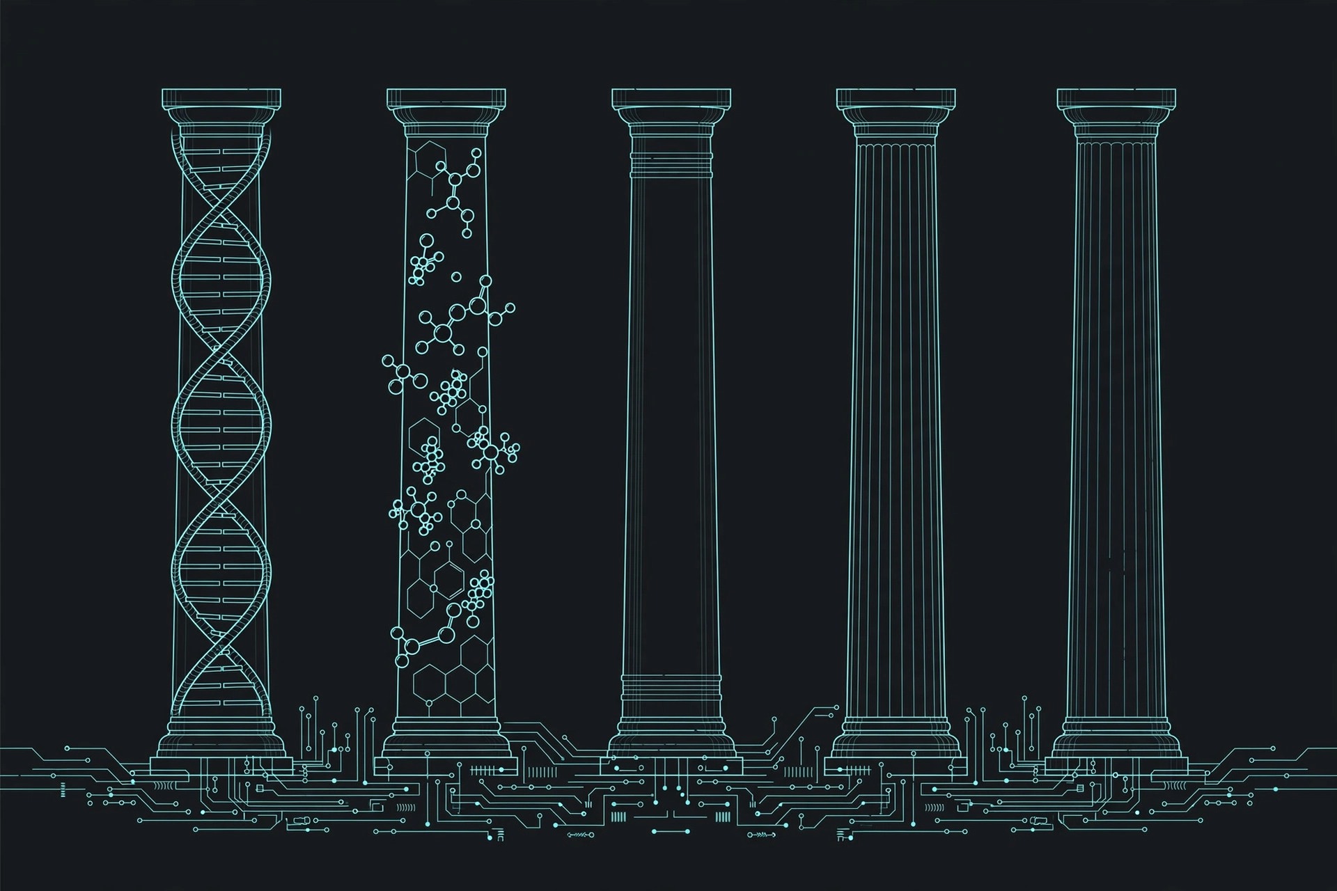 Five stone pillars with DNA helix and molecular linework in teal on dark charcoal, for the Nautilus Biotechnology five-pillar analysis