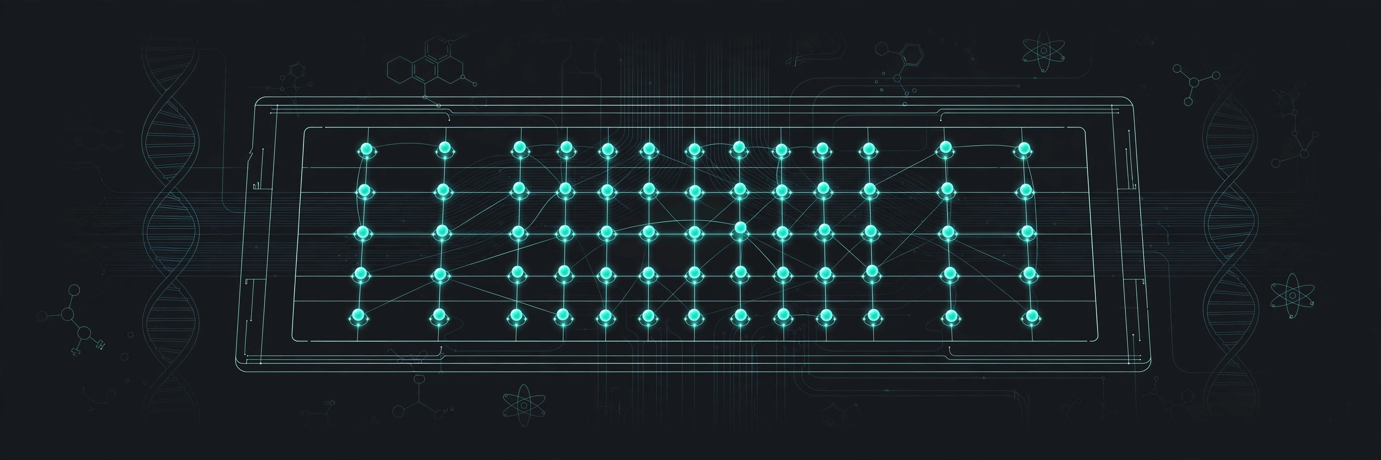 Teal line-art flow-cell chip with ordered arrays of glowing protein molecules and DNA helix linework, on dark charcoal, for the Nautilus Biotechnology investment report