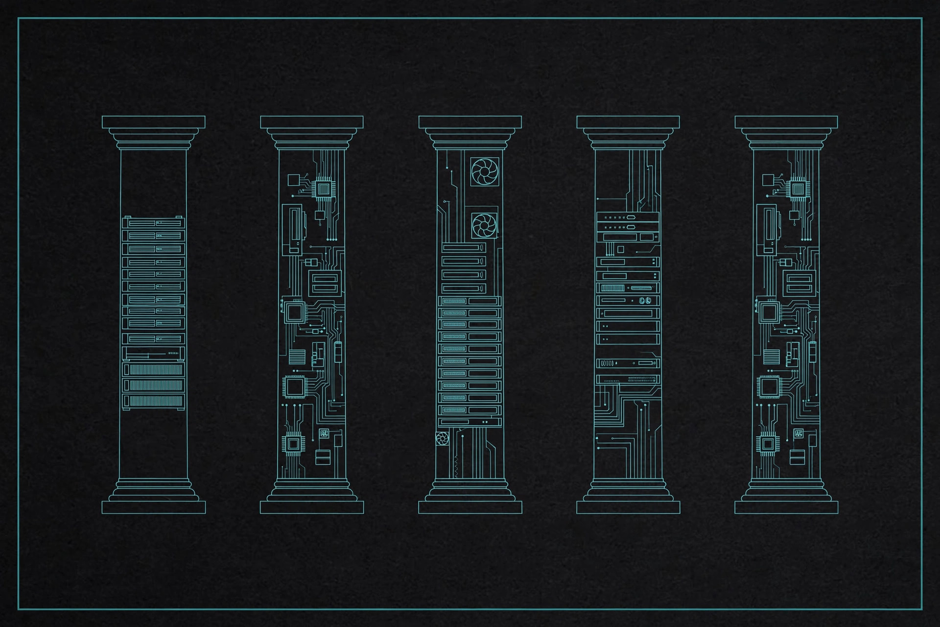 Five teal line-art pillars with data-center server rack and GPU linework, on dark charcoal, for the Nebius Group five-pillar analysis