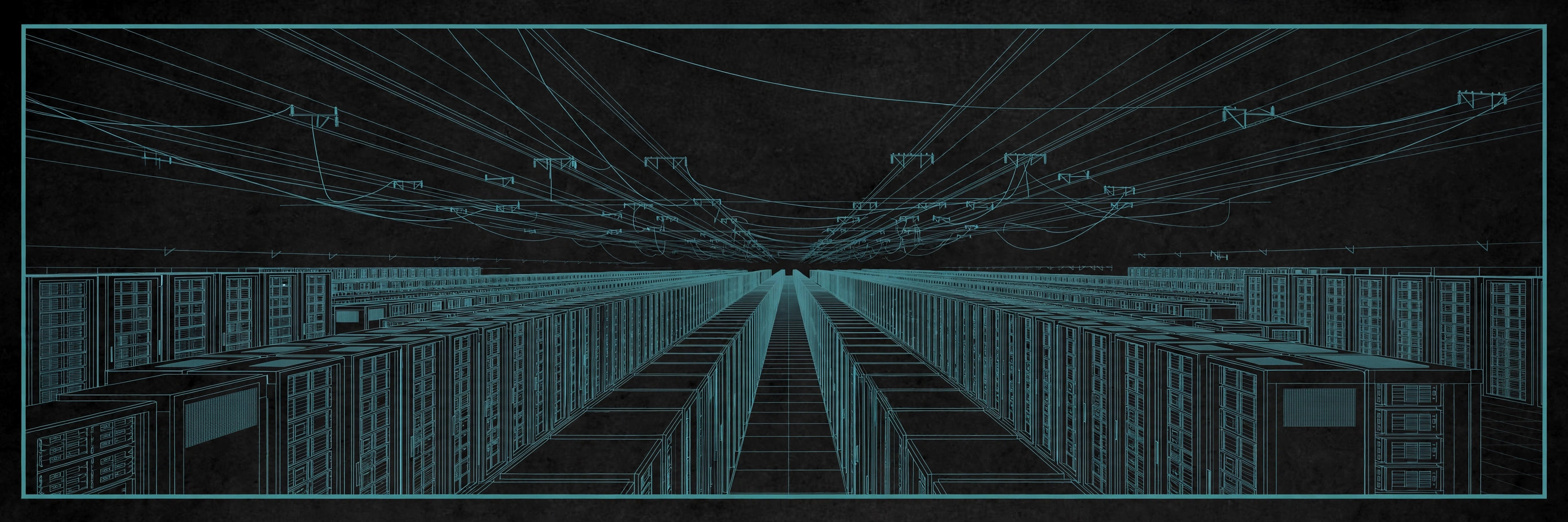 Teal line-art neocloud data-center halls with endless GPU server rows receding into the distance, on dark charcoal, for the Nebius Group investment report