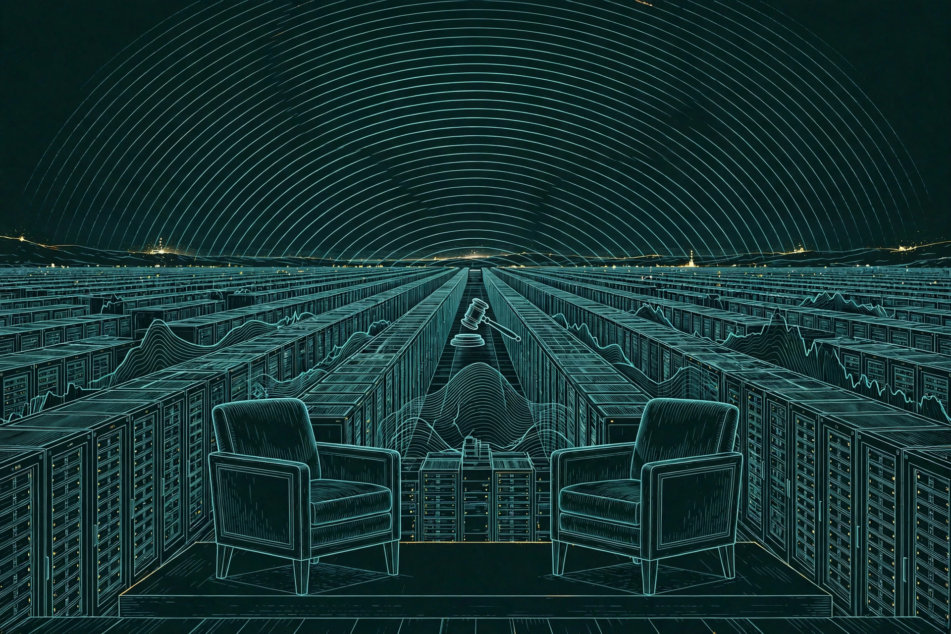 Two fireside chairs on a stage in front of endless GPU server racks, with an auction gavel in the aisle, teal line art on deep green