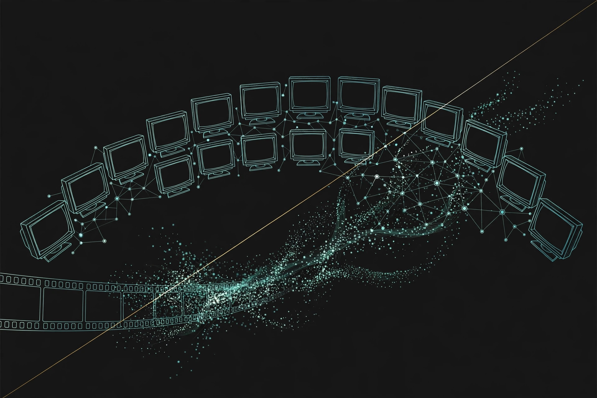 A curved wall of television screens in fine teal line-art on a dark background, linked by neural network threads, a film strip dissolving into streams of data particles below, a single gold line rising through