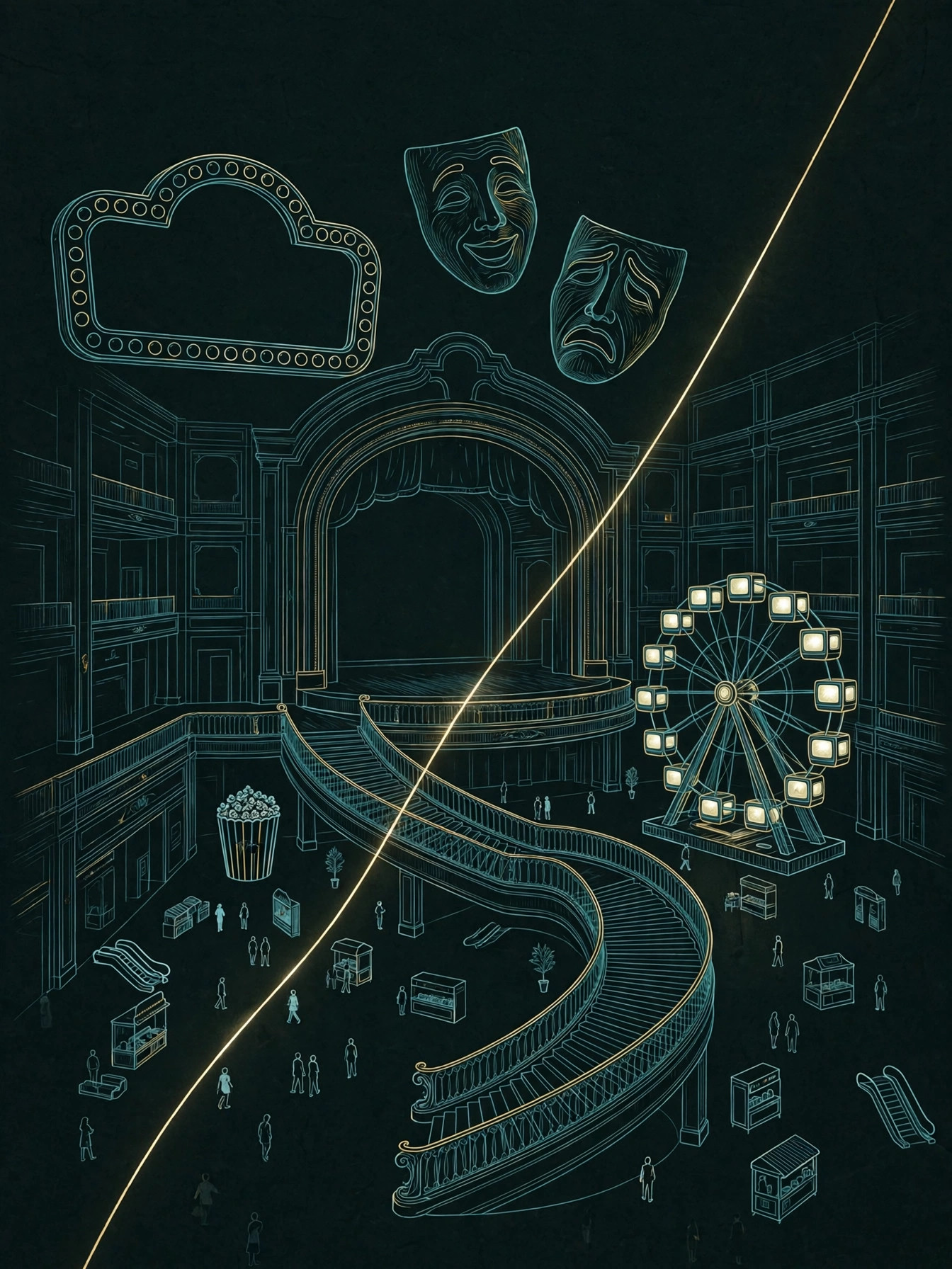 A mall atrium reimagined as a theatre palace in fine teal line-art on a dark background, with comedy and tragedy masks, a proscenium stage, a Ferris wheel of television screens, a popcorn bucket, and a single gold line rising through