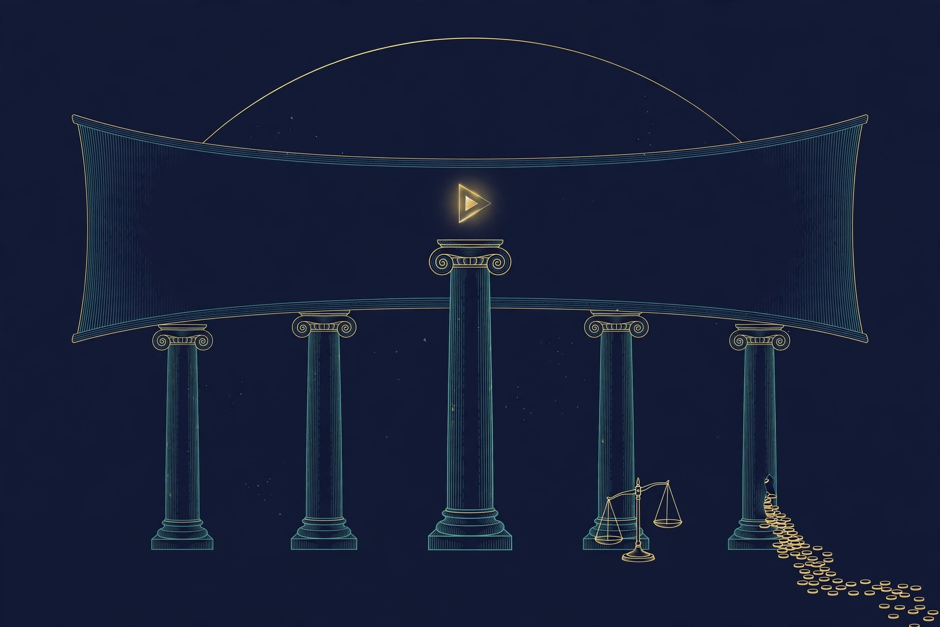 Five stone pillars holding a wide curved cinema screen with a glowing play triangle above the tallest middle pillar, a balance scale at the fourth pillar and a stream of gold coins at the fifth, teal and gold line art on deep navy