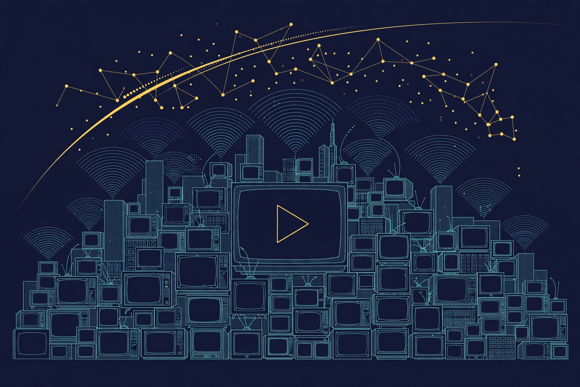 A towering wall of television screens like a city skyline with a glowing play triangle on the largest screen and a gold constellation arc above, teal and gold line art on deep navy