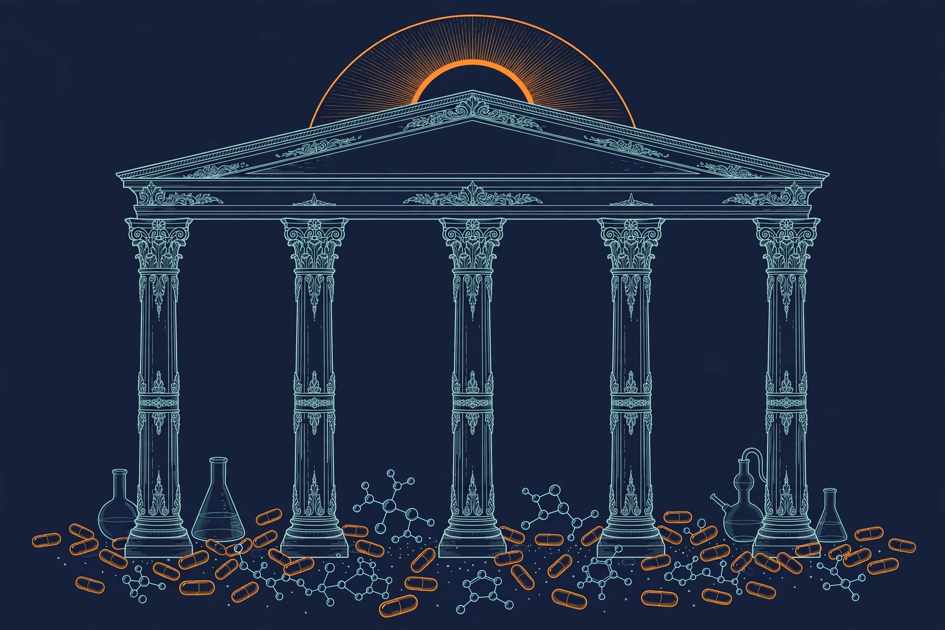 Five stone pillars with gelatin capsules and molecules at the base, teal and orange line art on dark navy