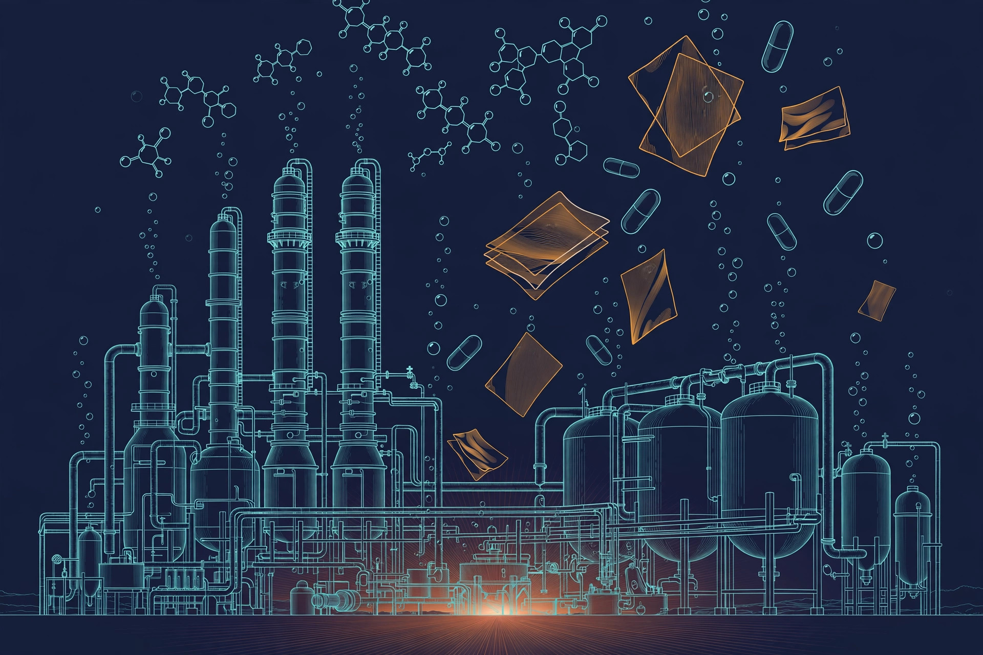 Industrial gelatin and collagen processing plant with capsules and molecular chains, teal and orange line art on dark navy