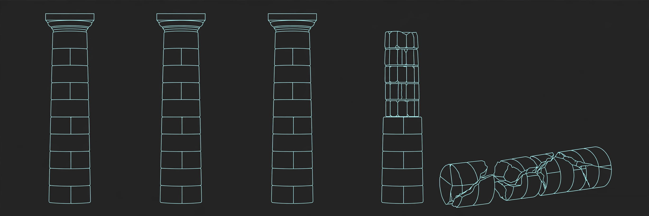 Five stone pillars, three standing, one half-built, one fallen, in teal line art