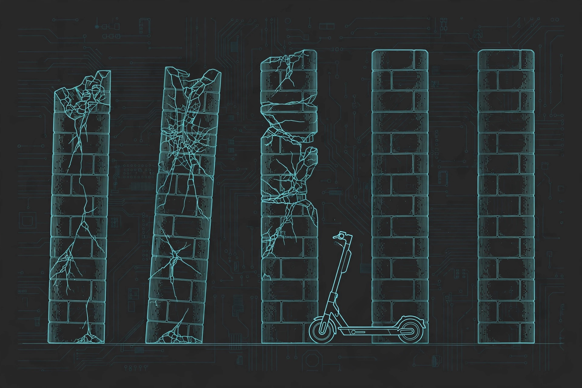 Five stone pillars with three cracked and two whole, electric scooter passing between them, teal line art