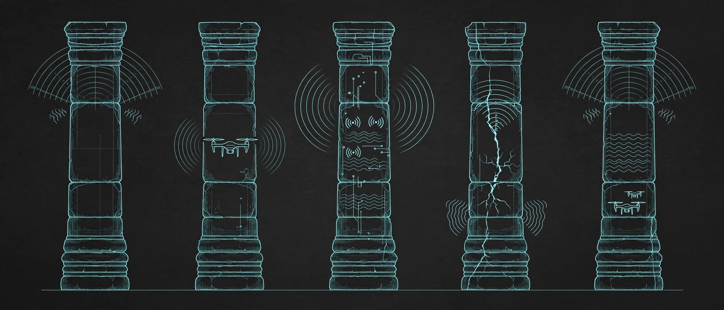 Five teal line-art stone pillars with defense-technology linework, one pillar cracked, on dark charcoal, for the Ondas Holdings five-pillar analysis