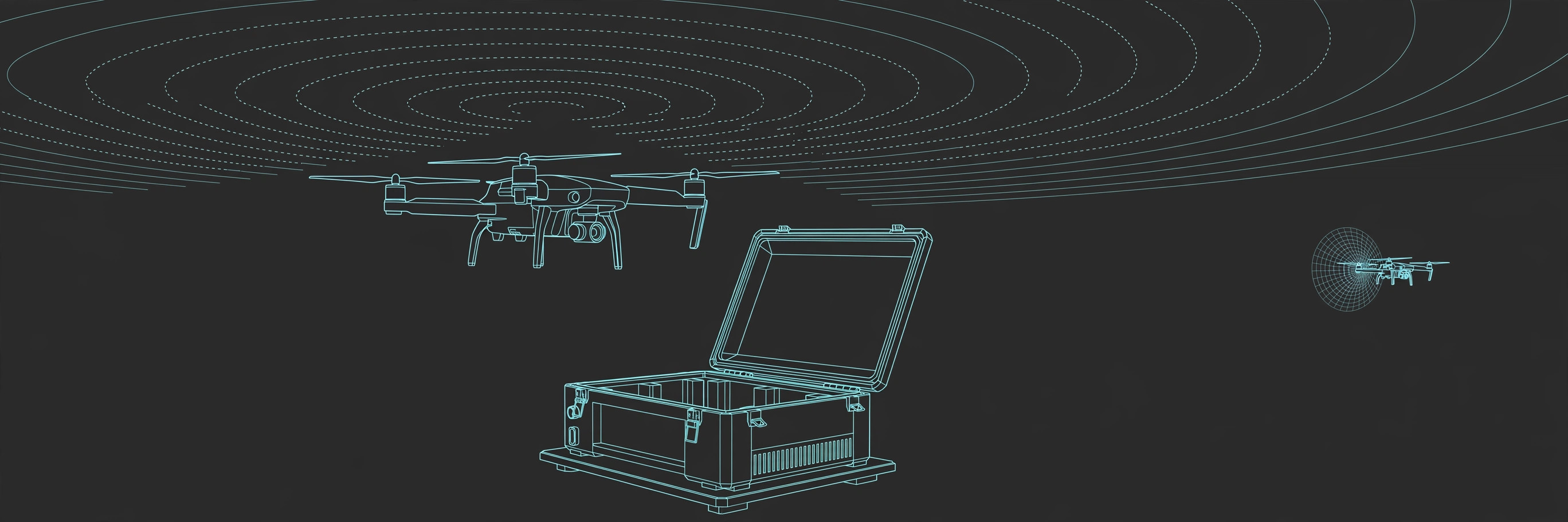 Teal line-art quadcopter drone flying above an open drone-in-a-box ground station with radar arcs sweeping the sky, on dark charcoal, for the Ondas Holdings investment report