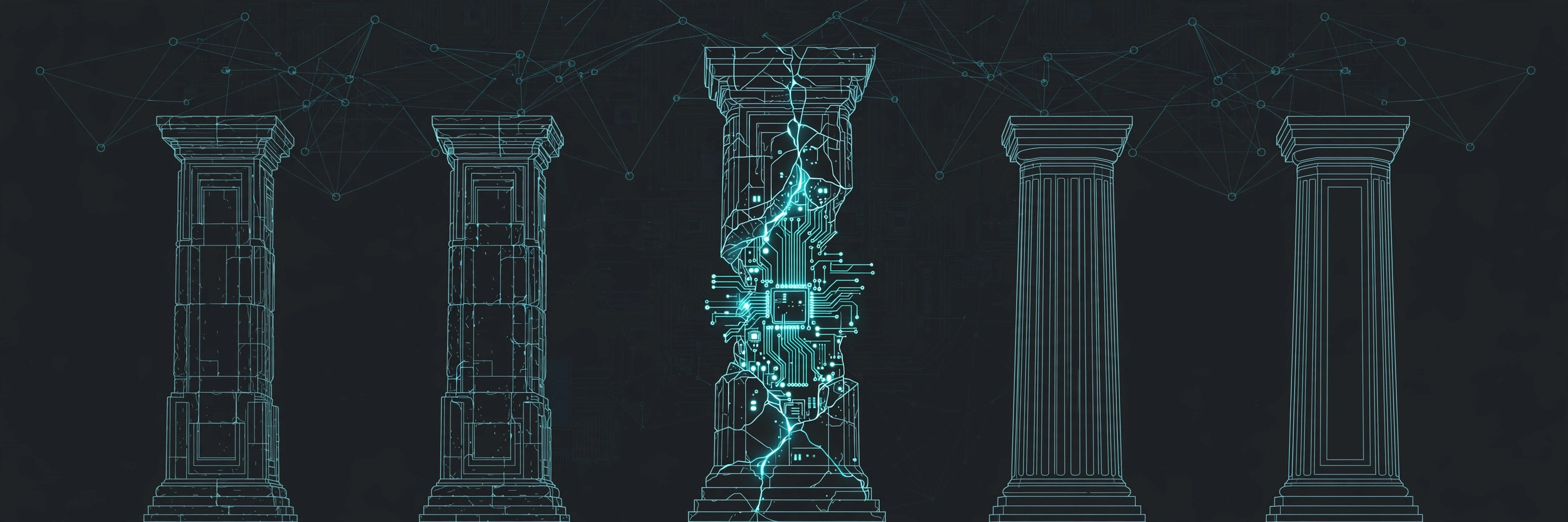 Five stone pillars in teal line art, the middle one half-carved with glowing circuit lines, ad-auction network behind