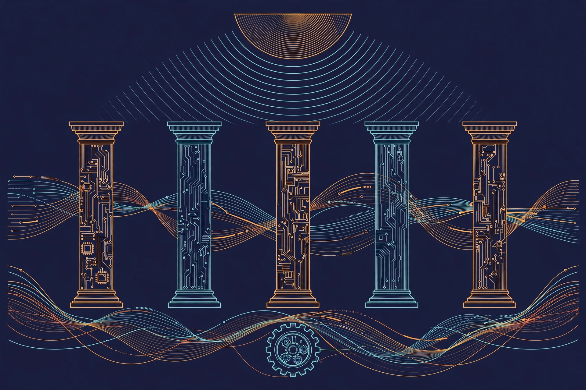 Five circuit-etched pillars under a sunrise arc with radio wave motifs, orange and teal line art on dark navy