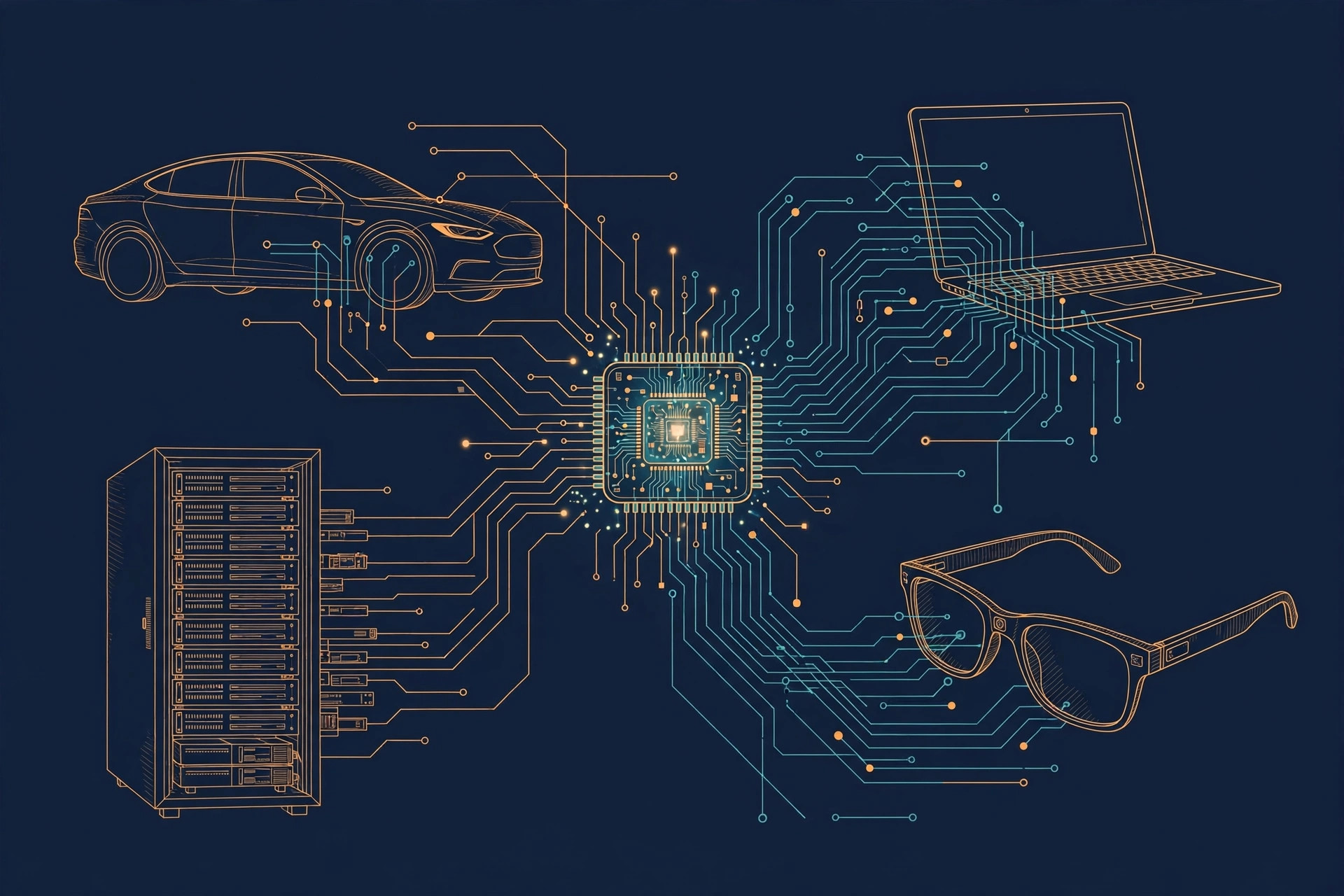 A central smartphone chip radiating circuit streams into a car, a laptop, smart glasses and a data center tower, orange and teal line art on dark navy
