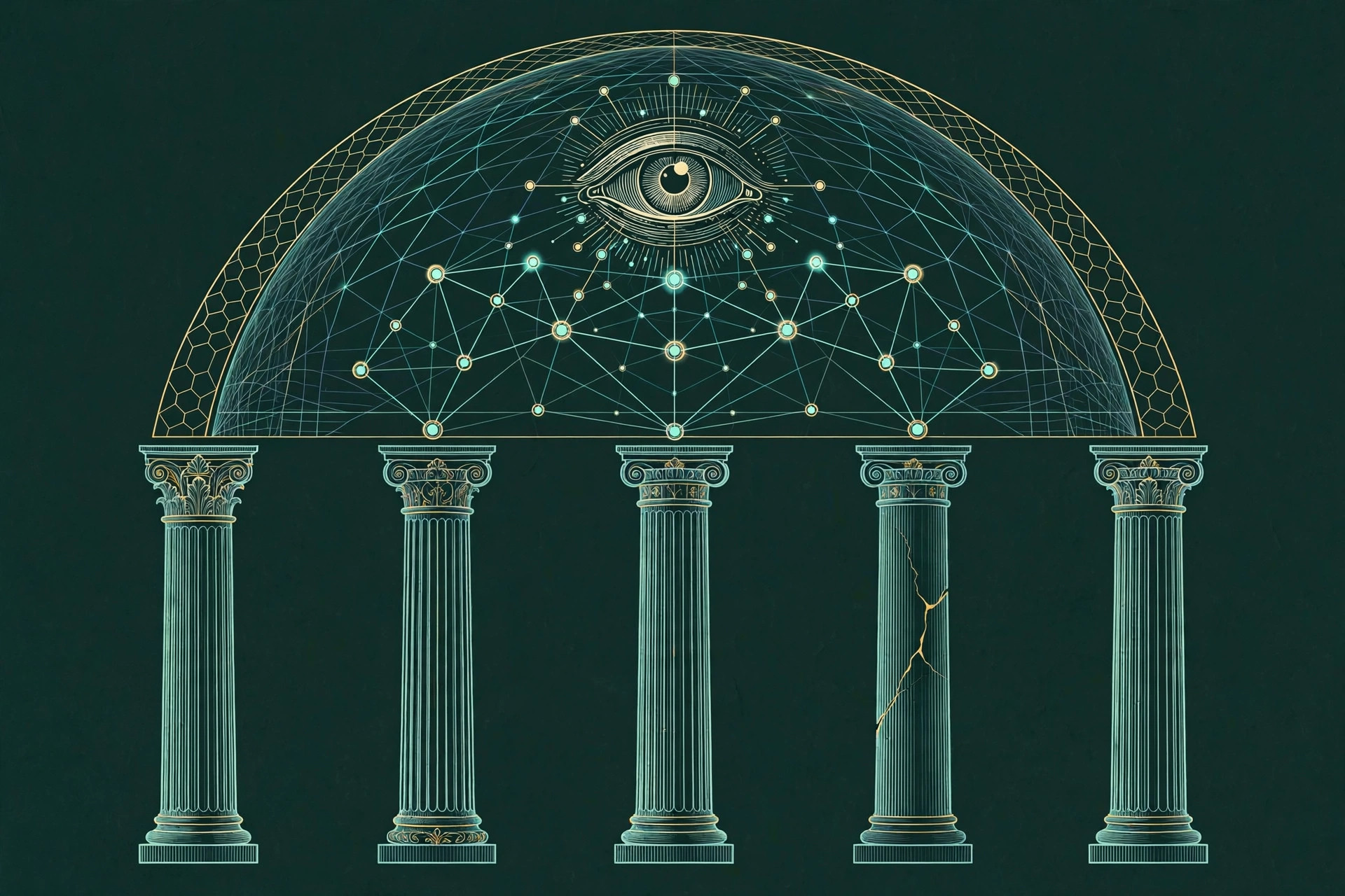 Five classical pillars supporting a digital shield dome over a network of glowing endpoint nodes, teal line art on deep green