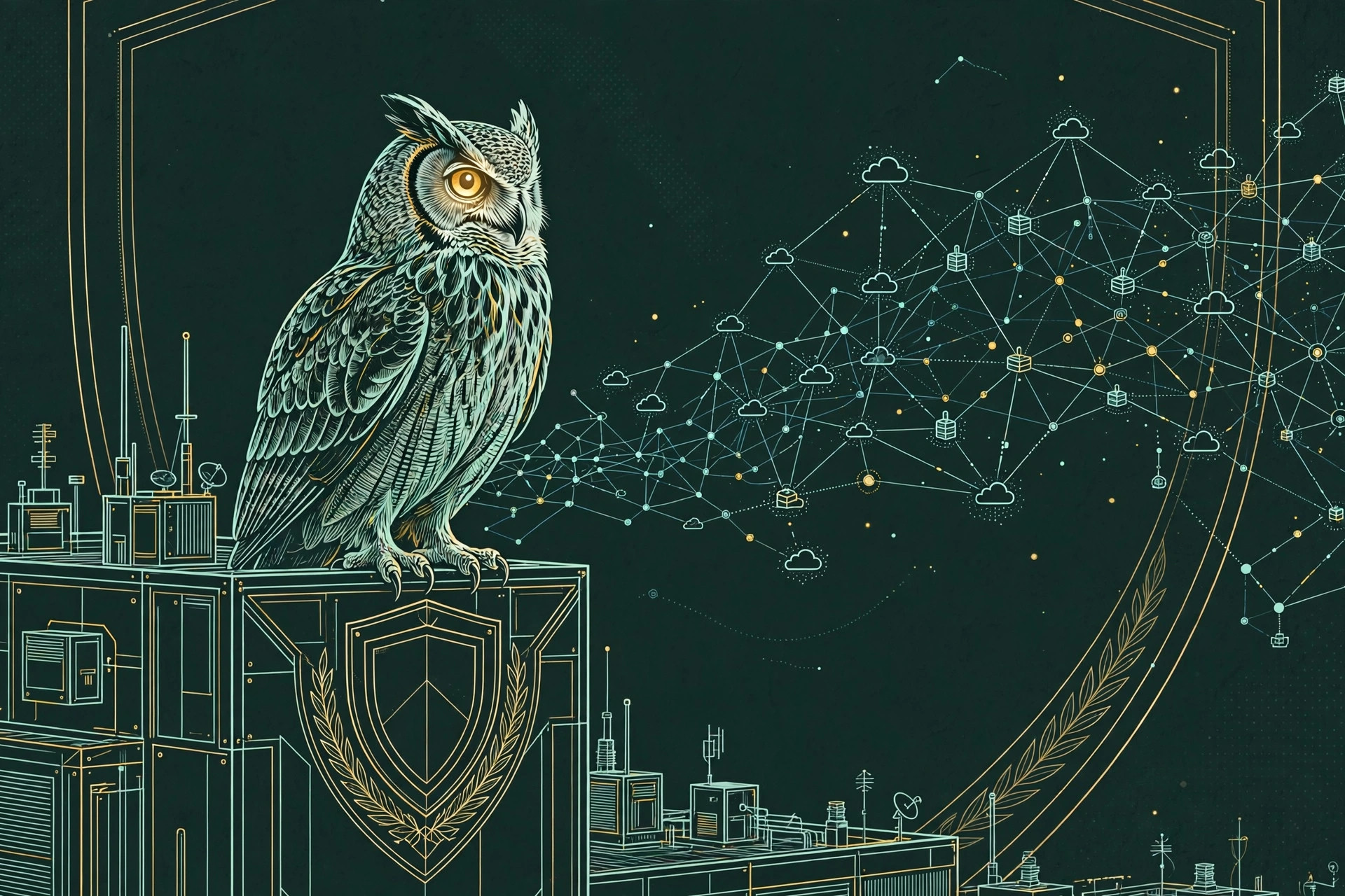 A sentinel owl perched on a data-center rooftop scanning a constellation of connected endpoints, teal line art on deep green