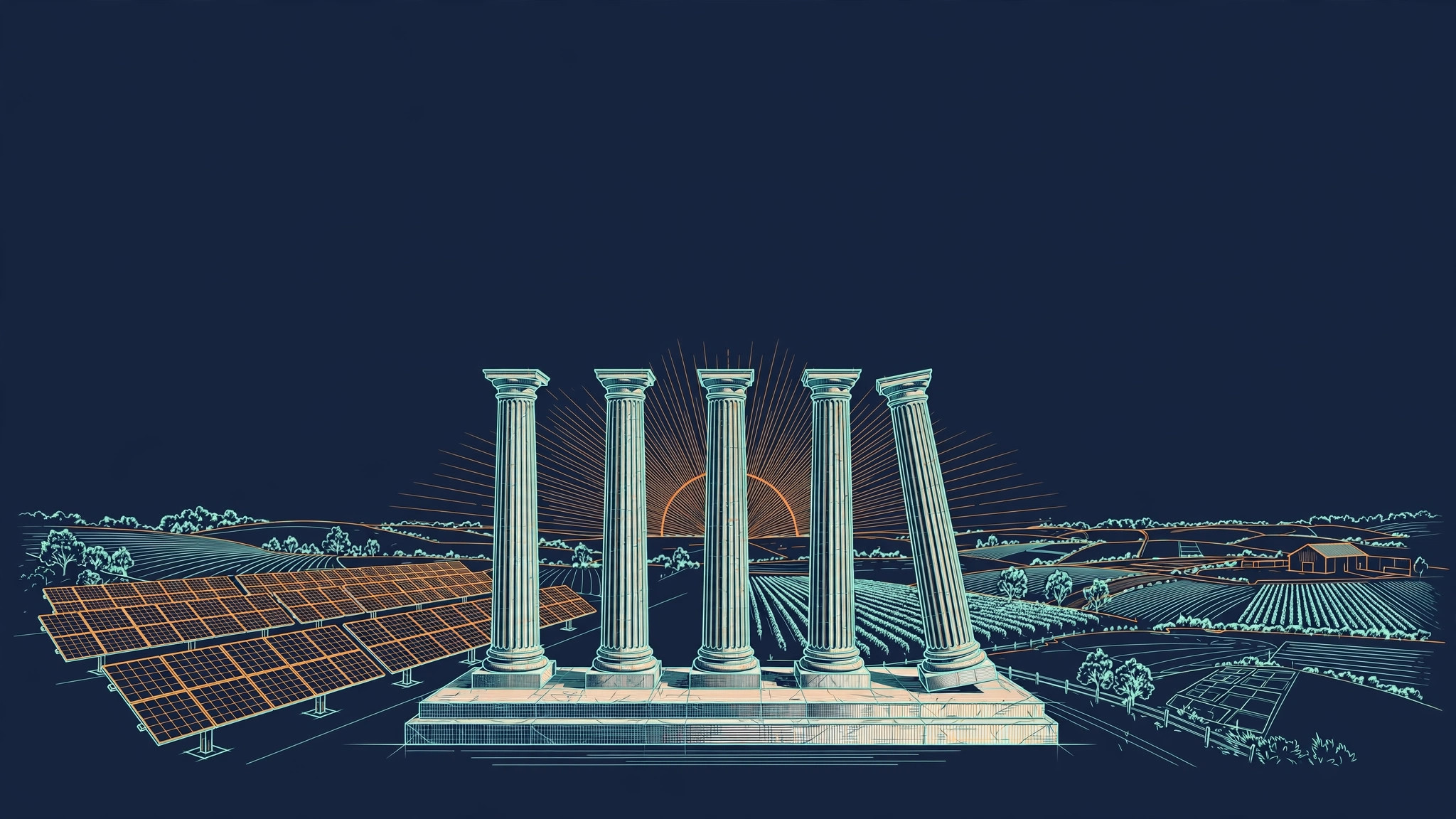 Five stone pillars with solar panels and farm landscape, teal line art on dark navy