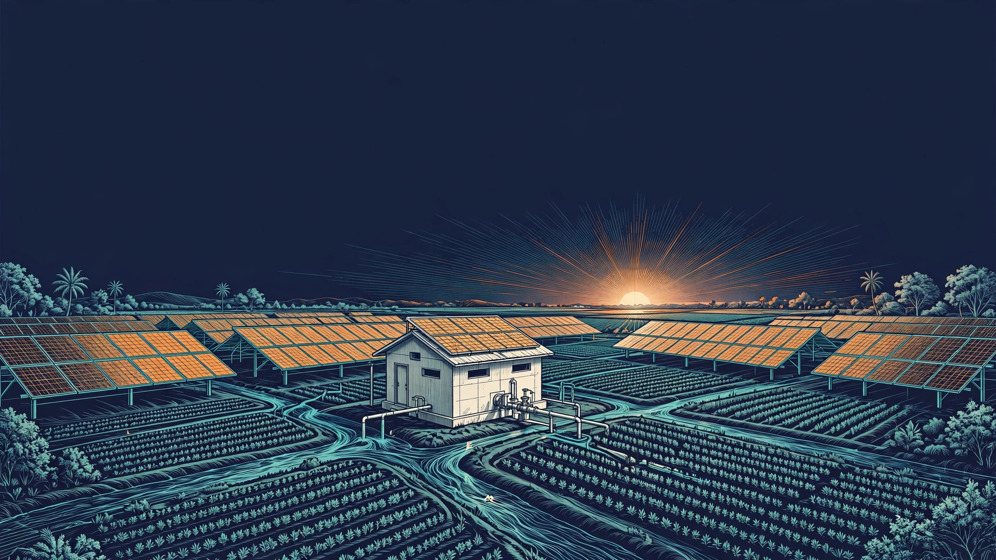 Solar-powered agricultural water pump in an Indian farm field at sunrise, teal and orange line art on dark navy