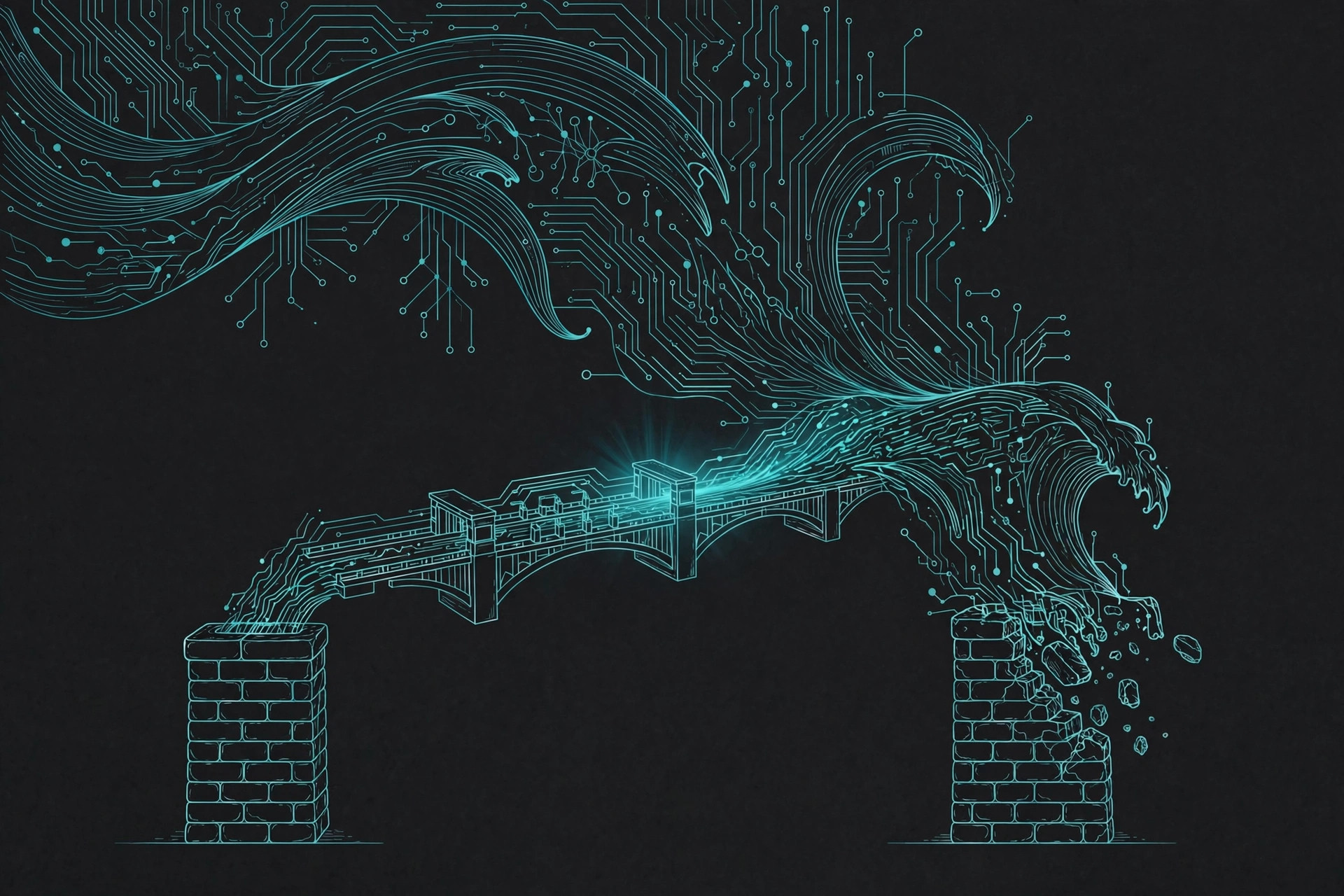Two small stone pillars under a wave of teal circuit lines on dark charcoal, one channeling the wave into a glowing bridge, the other eroding