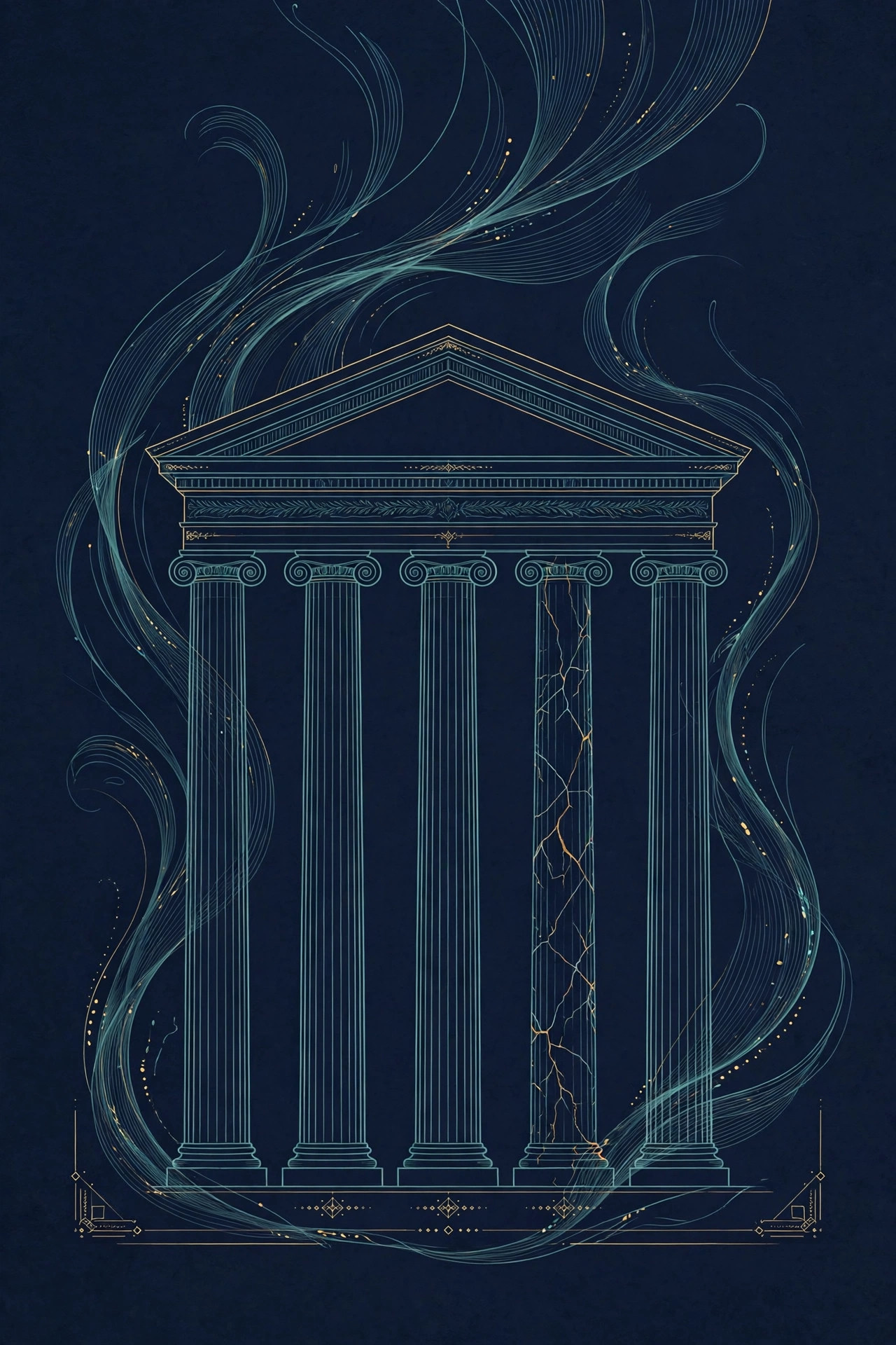Five pillars holding a bank pediment, one pillar finely cracked, teal line art on dark navy