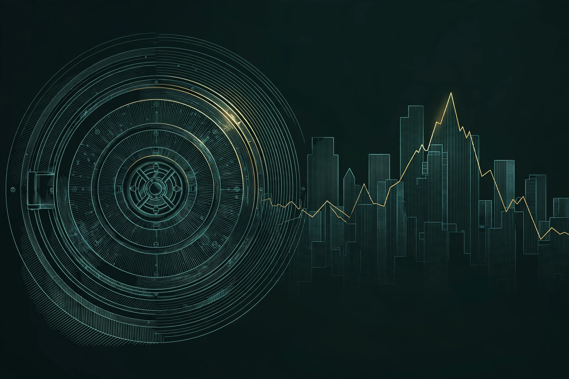 A bank vault door in fine teal line-art on a dark background, its rings flowing into a city skyline traced by a single gold stock-chart line