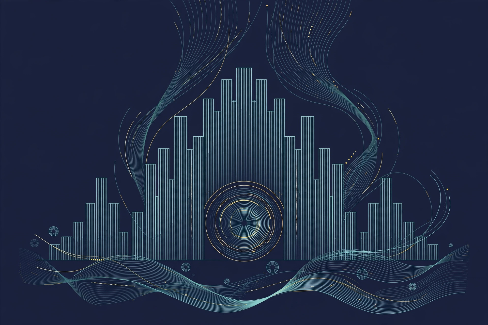 A digital bank formed from rising charts and deposit circles, teal line art on dark navy