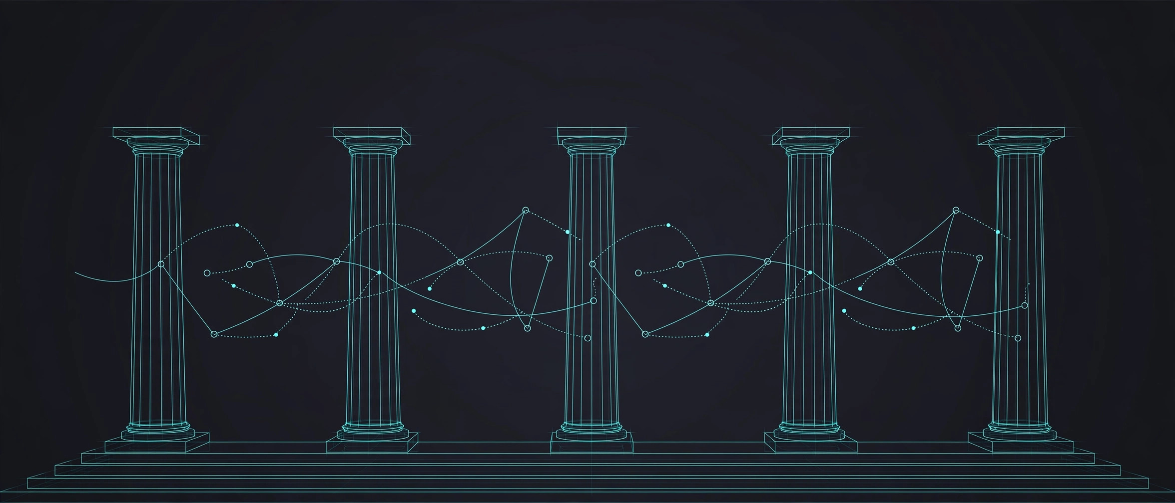 Five stone pillars in teal wireframe line art with social-network linework, on dark charcoal