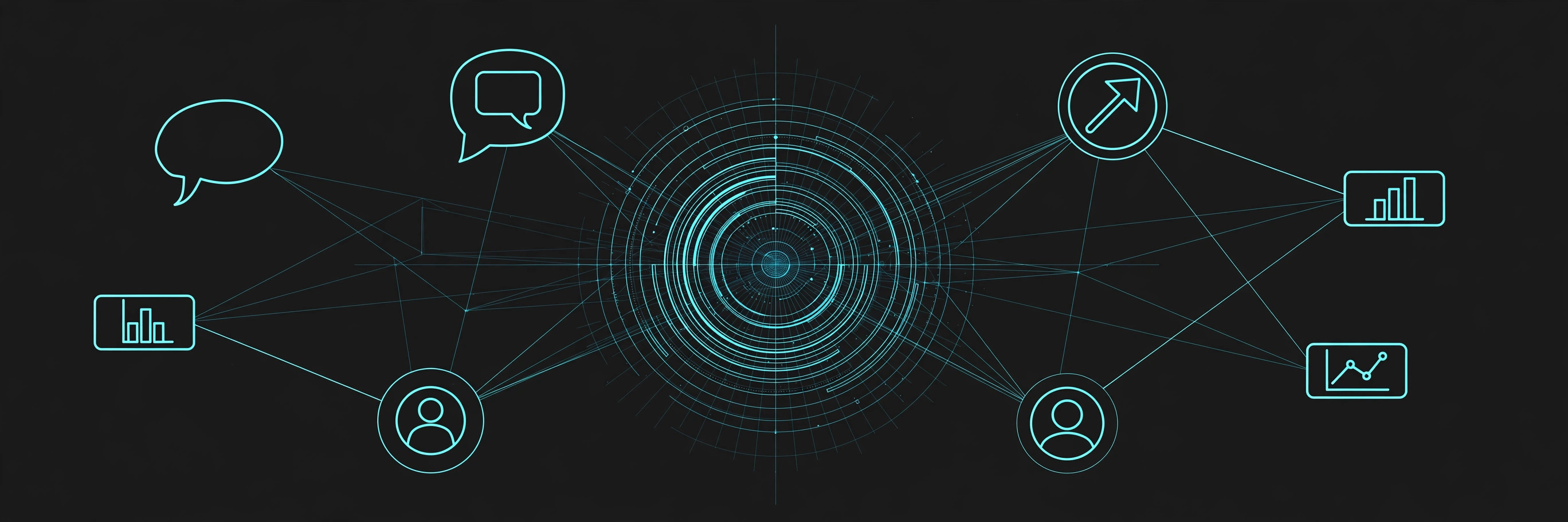 Social media management command center: teal line-art network of social channels around a central hub, on dark charcoal