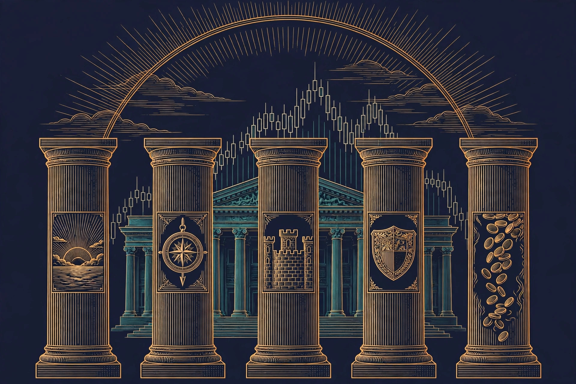Five tall pillars carved with a sunrise over the sea, a compass, a castle wall, a shield and falling coins, a stock exchange building and candlestick charts behind them under a sunrise arc, orange and teal line art on dark navy