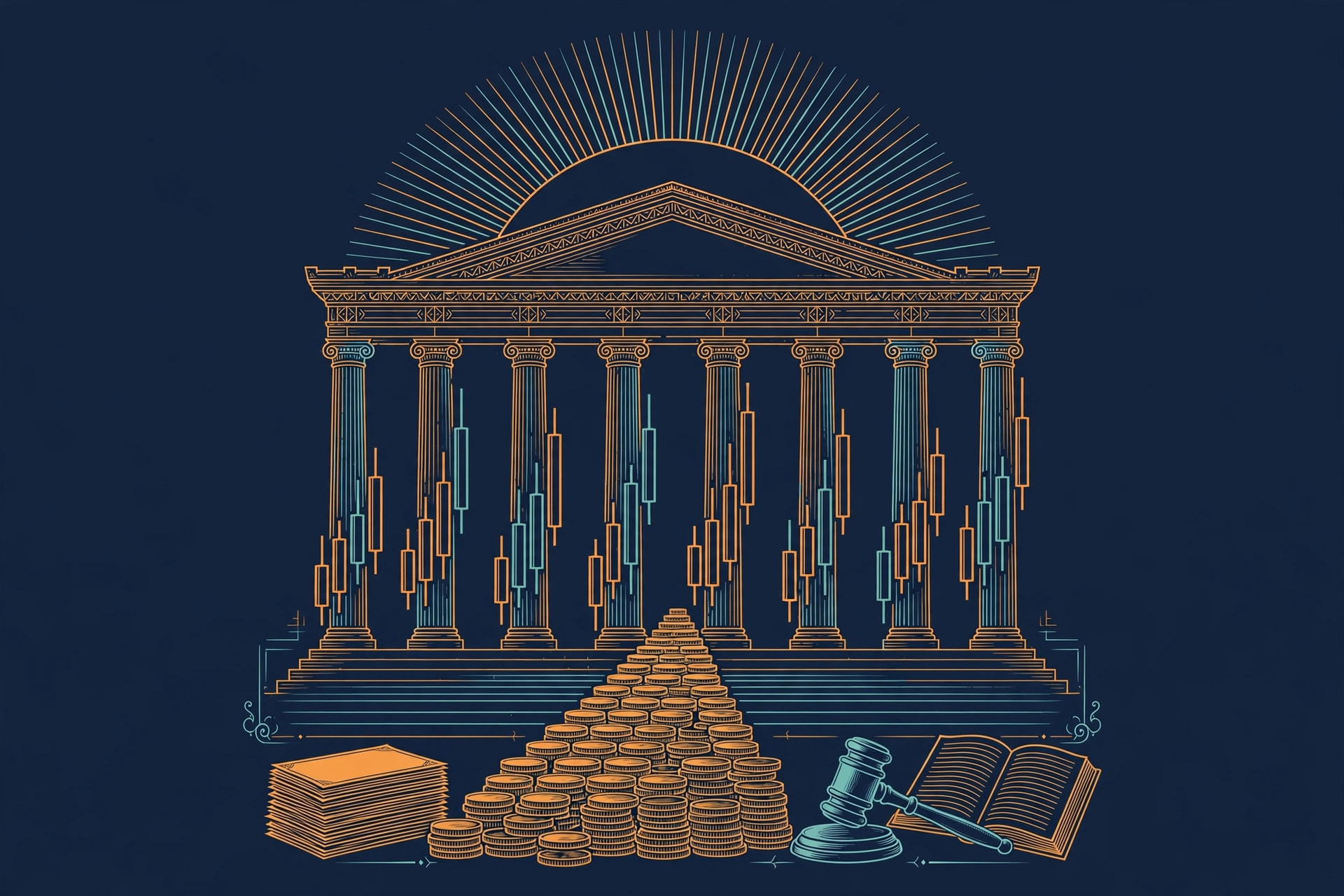 A stock exchange building with tall columns and candlestick charts between them, a pyramid of coin stacks on the steps, share certificates, a gavel and an open ledger in front, under a sunrise arc, orange and teal line art on dark navy