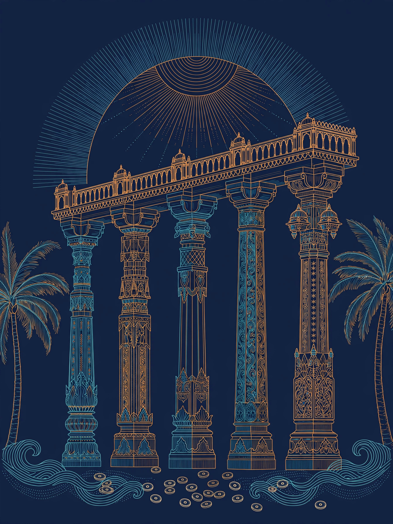 Five ornate Indian stone pillars holding a palace terrace under a sunrise arc, coins and waves below, orange and teal line art on dark navy