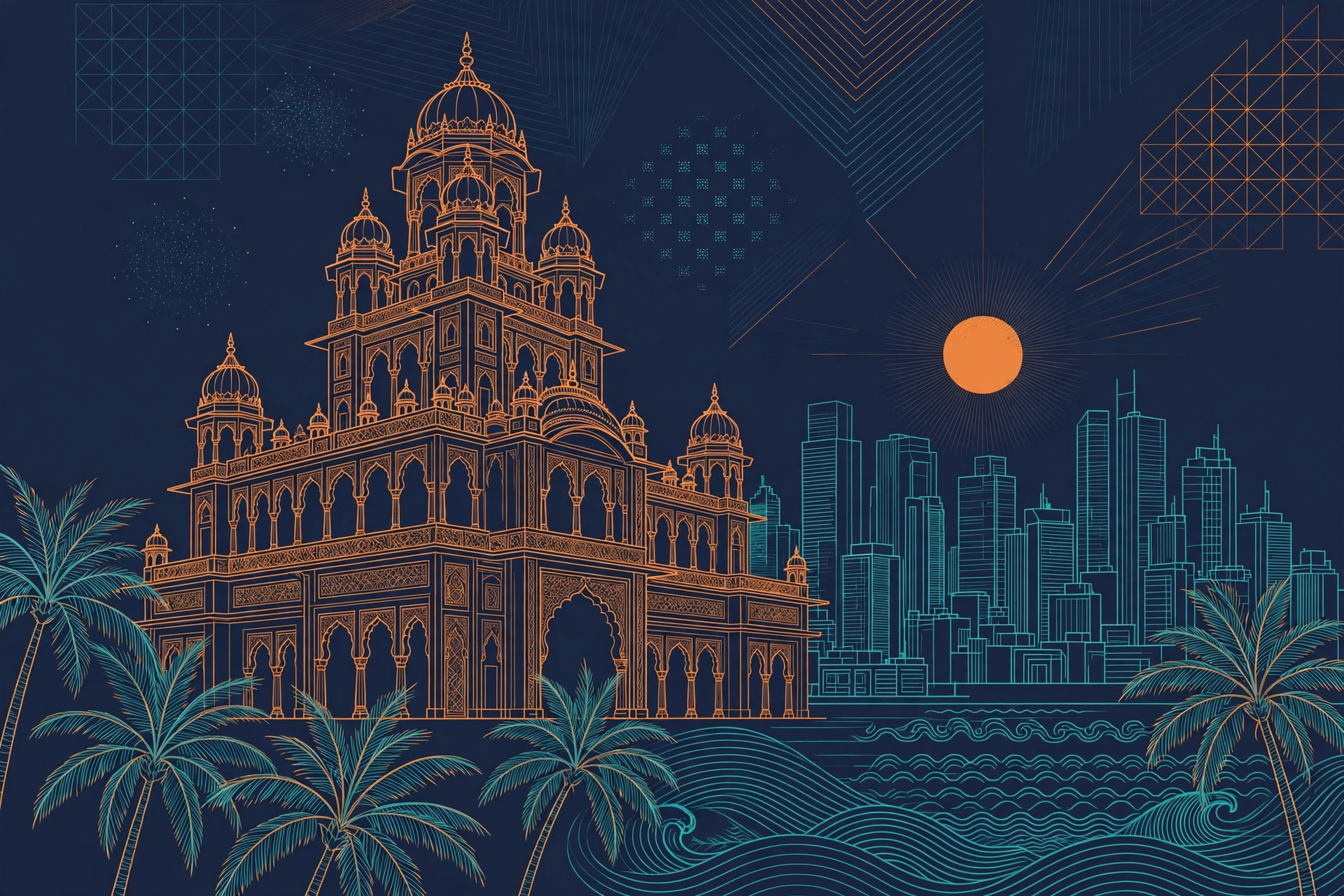 Grand Indian palace hotel with domes beside a modern city skyline at sunrise, palm trees, orange and teal line art on dark navy