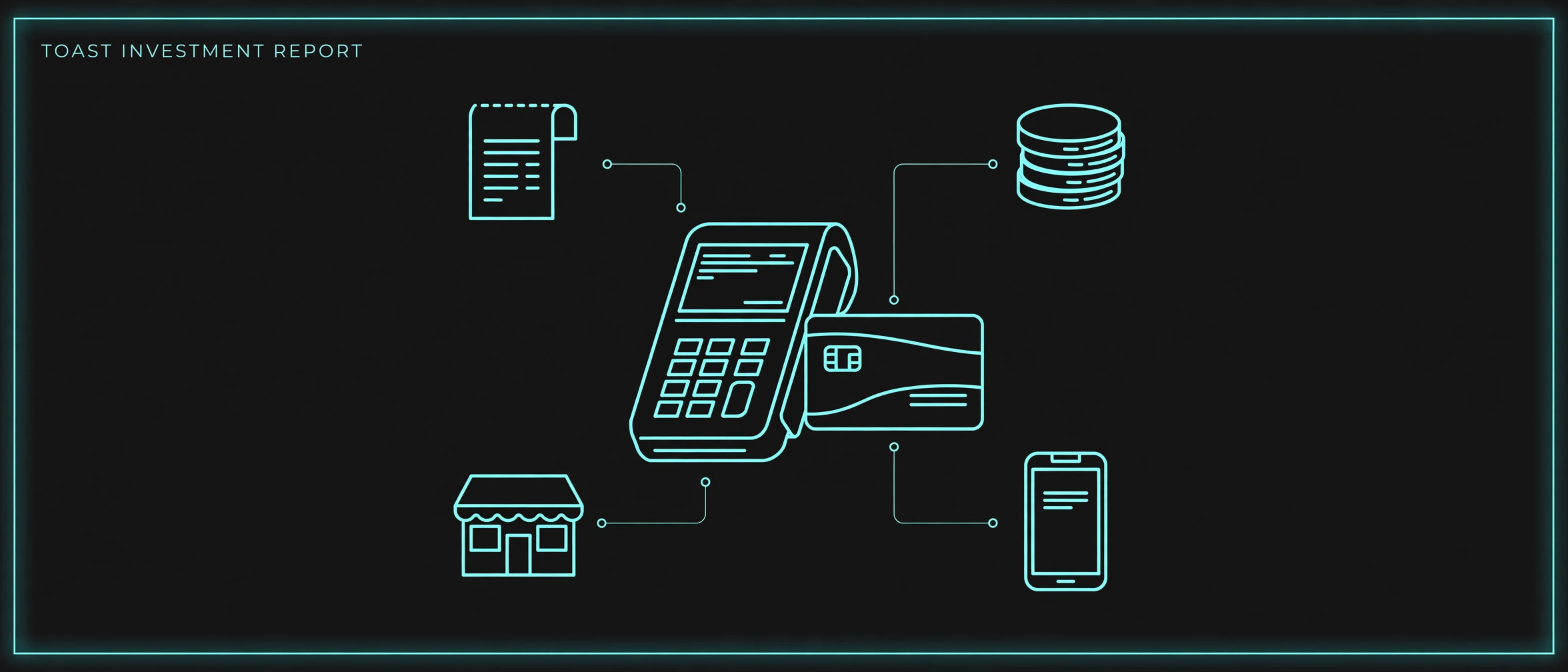Teal line-art point-of-sale terminal with payment card, receipt, coin stack, storefront, and smartphone on dark charcoal, for the Toast five-pillar analysis