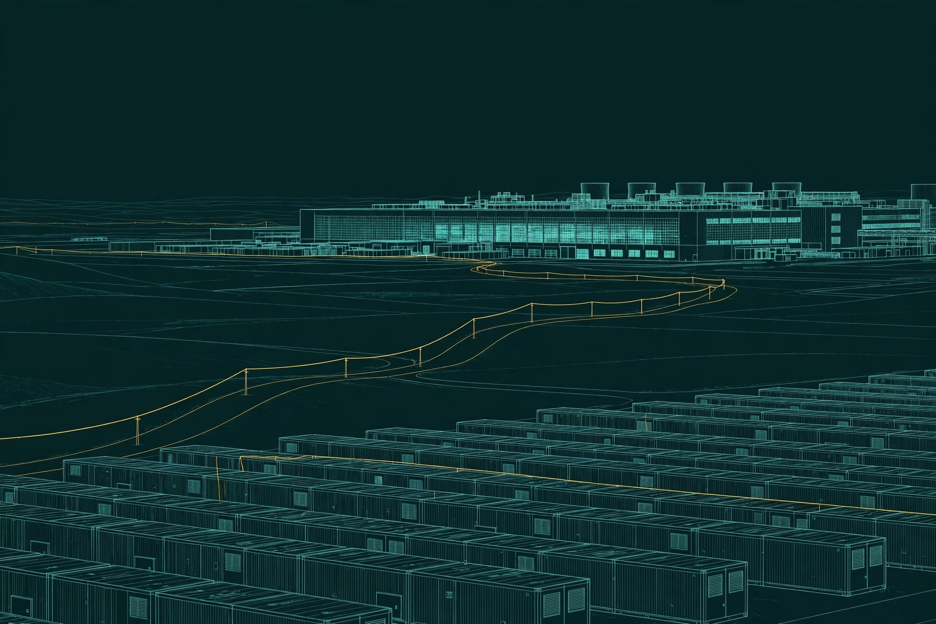 Rows of battery storage containers in fine teal line-art on a dark background outside a glowing data-center hall at night, a single gold power line running to the horizon