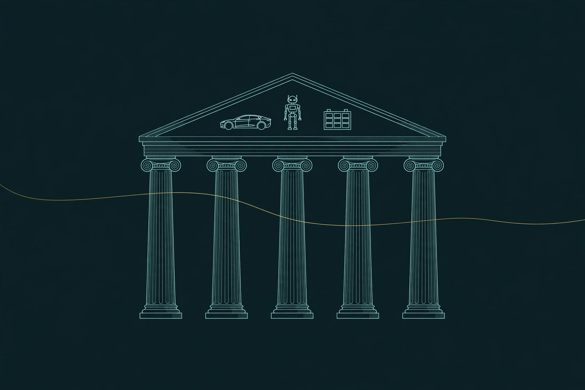 Five classical pillars under a pediment carved with an electric car, a humanoid robot and a battery block, crossed by a single gold line, teal line art on dark navy