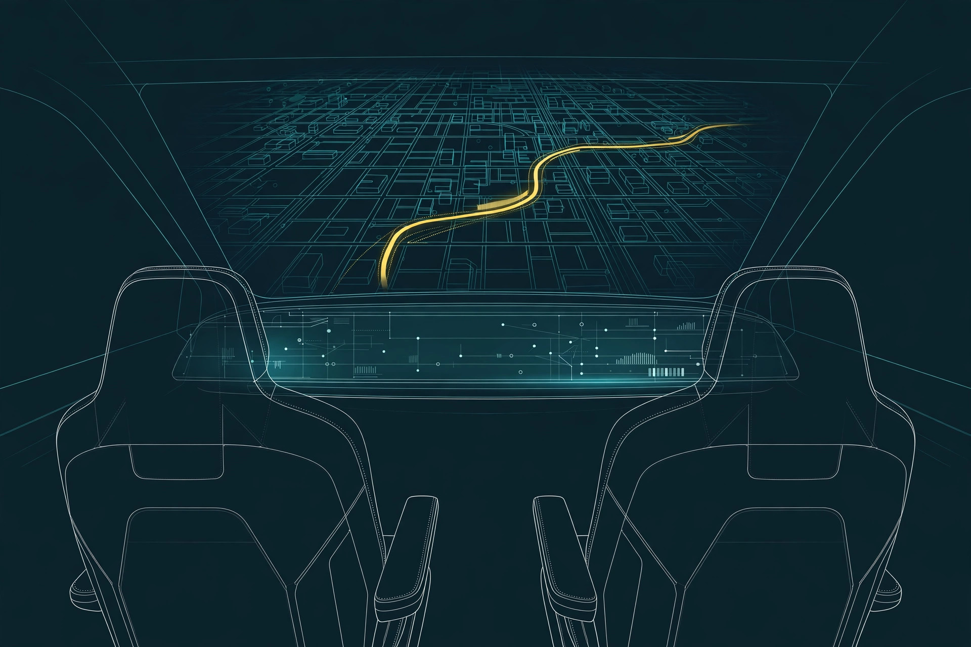 A steering-wheel-less robotaxi cabin with two seats and a wide dashboard screen, facing a glowing city grid with a gold route line, teal line art on dark navy