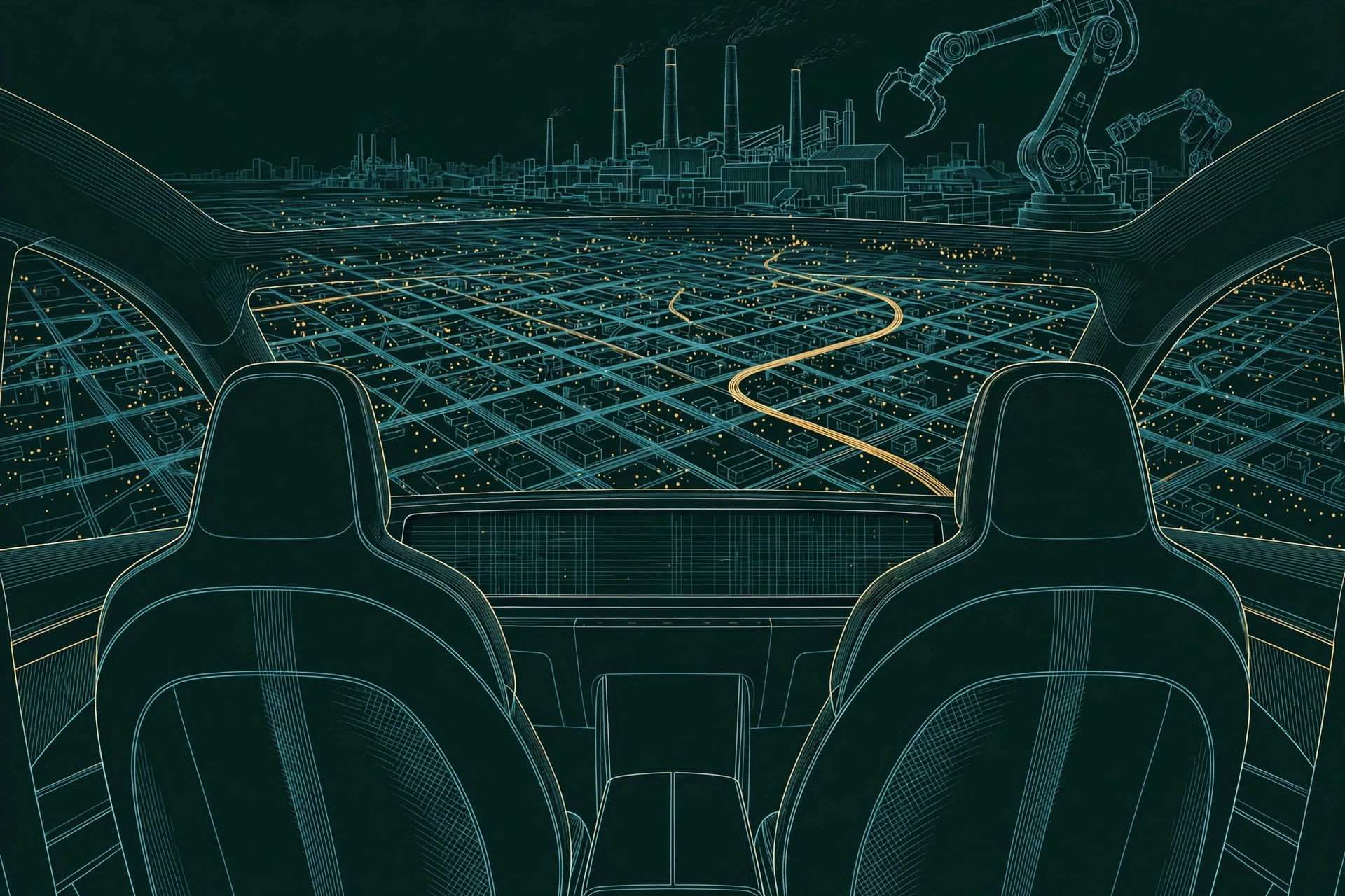 The empty cabin of a driverless car in fine teal line-art on a dark background, two seats and a wide dashboard screen facing a glowing city street grid with one golden route, a factory silhouette behind